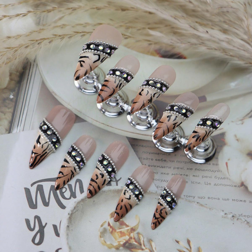 Rdntbeu Handmade Press-On Nails – Medium Stiletto Leopard Print with Rhinestones (Size M)