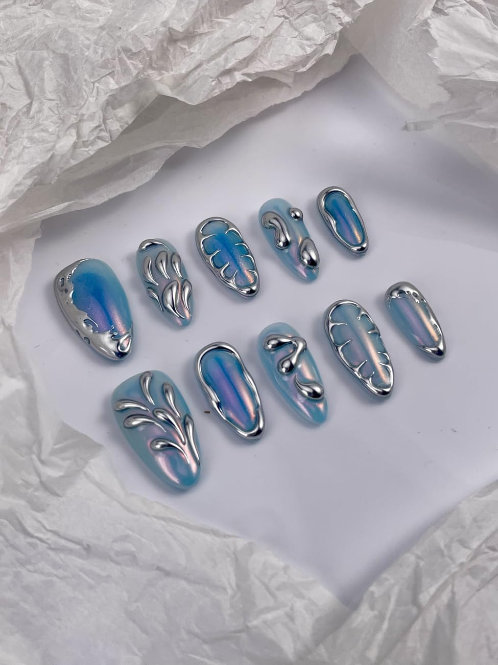 Rdntbeu Blue Ombre Press-On Nails - Medium Almond, 3D Glitter Chrome Design, Reusable Luxury Handmade Nails (Size L)
