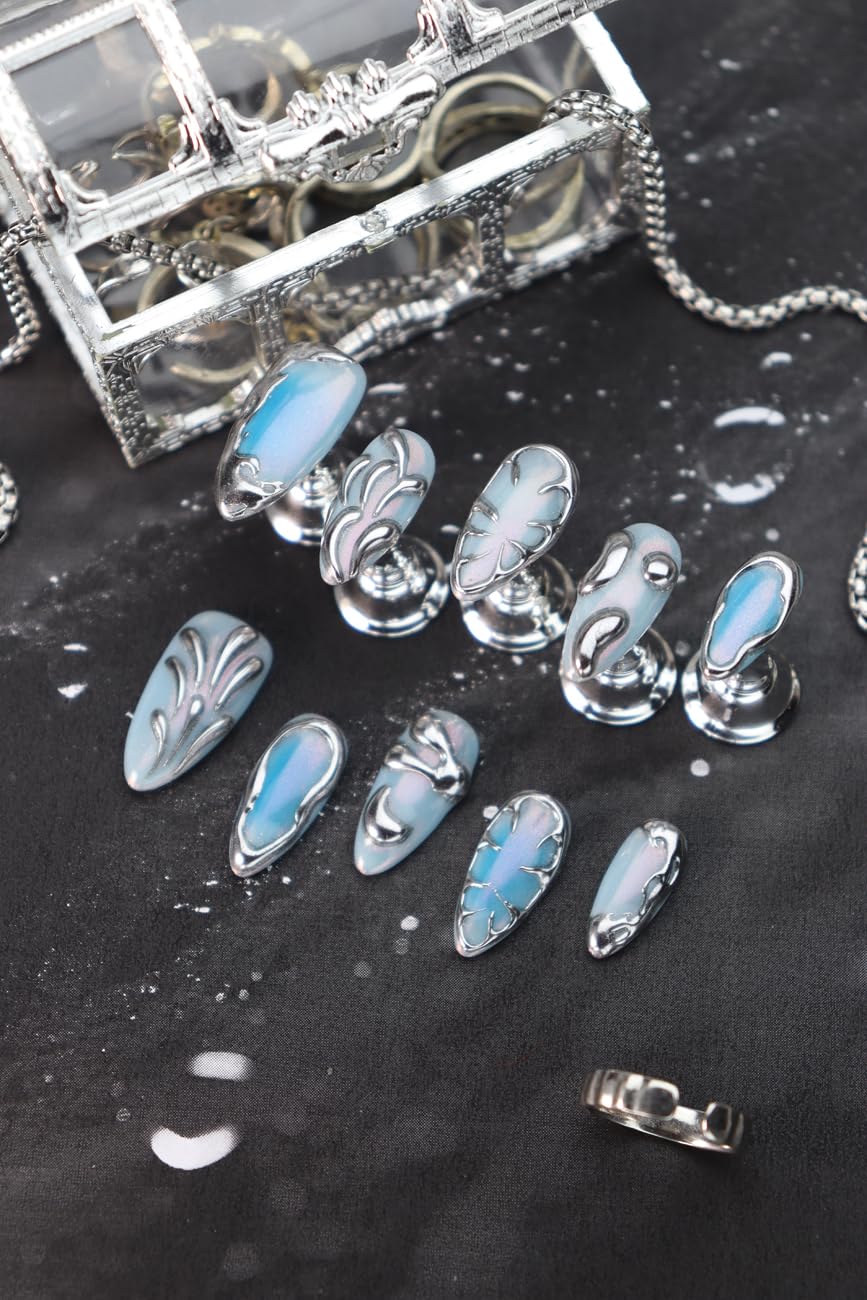 Rdntbeu Blue Ombre Press-On Nails - Medium Almond, 3D Glitter Chrome Design, Reusable Luxury Handmade Nails (Size L)
