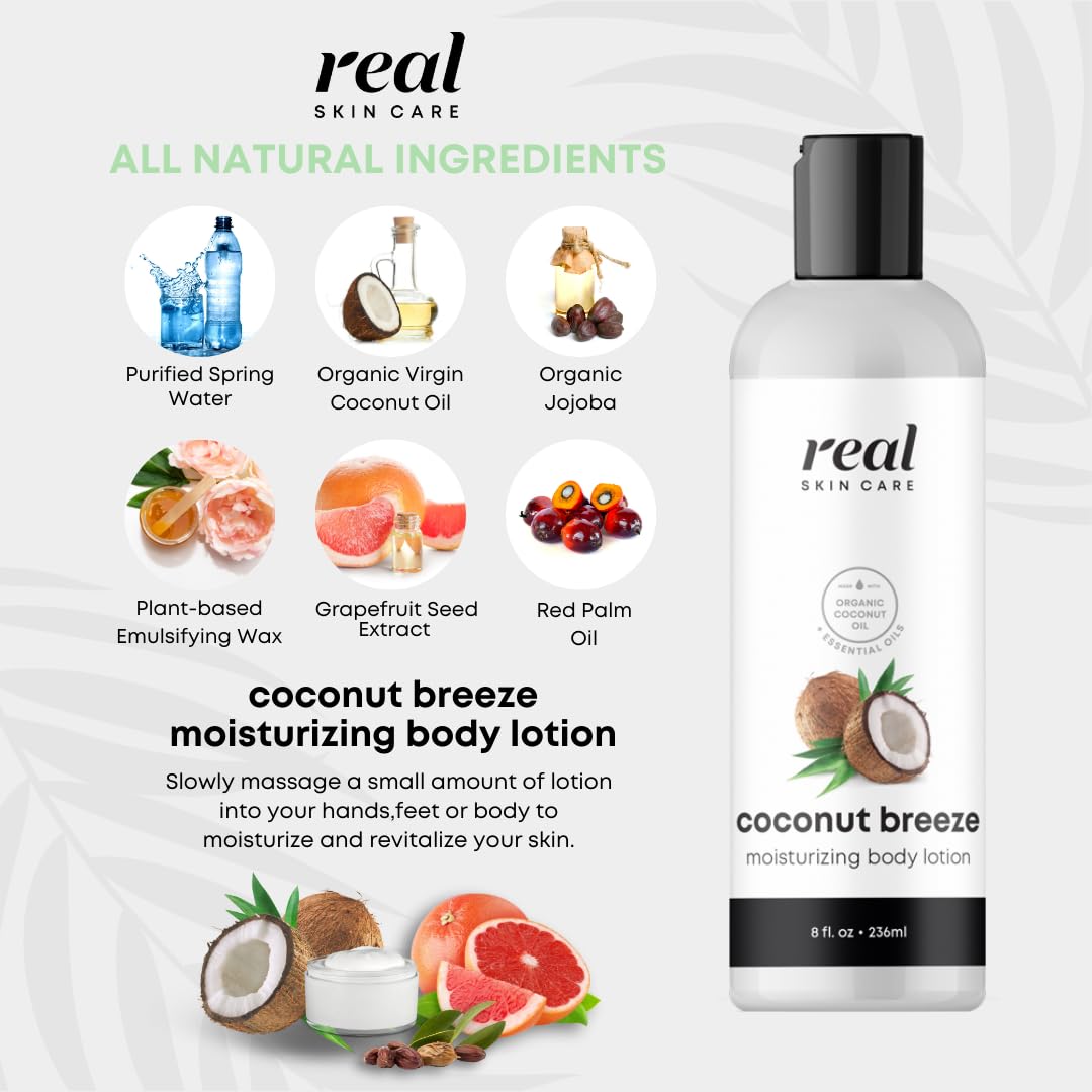 Real Skin Care Organic Body Lotion | Tighten, Hydrate & Smooth Dry Skin – Coconut, Paraben Free, 8oz