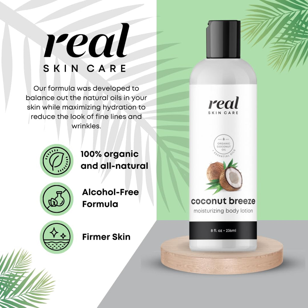 Real Skin Care Organic Body Lotion | Tighten, Hydrate & Smooth Dry Skin – Coconut, Paraben Free, 8oz