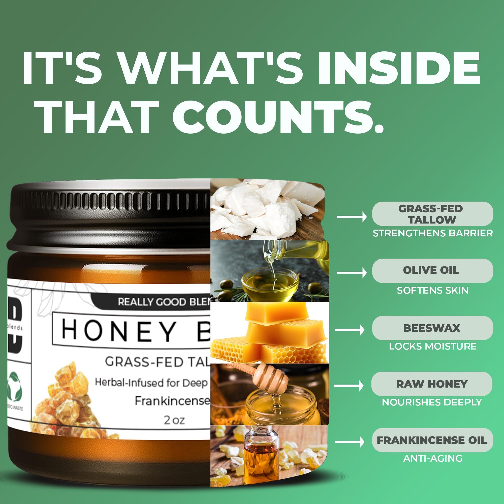 Really Good Blends Tallow Honey Balm – Handmade in USA, Grass-Fed Tallow & Raw Honey, 2 oz
