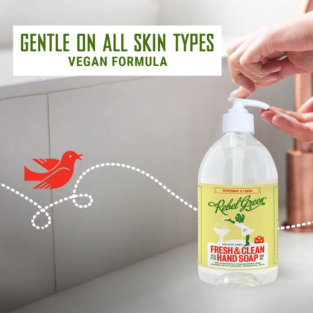 Rebel Green Liquid Hand Soap – Moisturizing Natural Hand Wash (Peppermint & Lemon) – Pack of 4, 16.9 fl oz