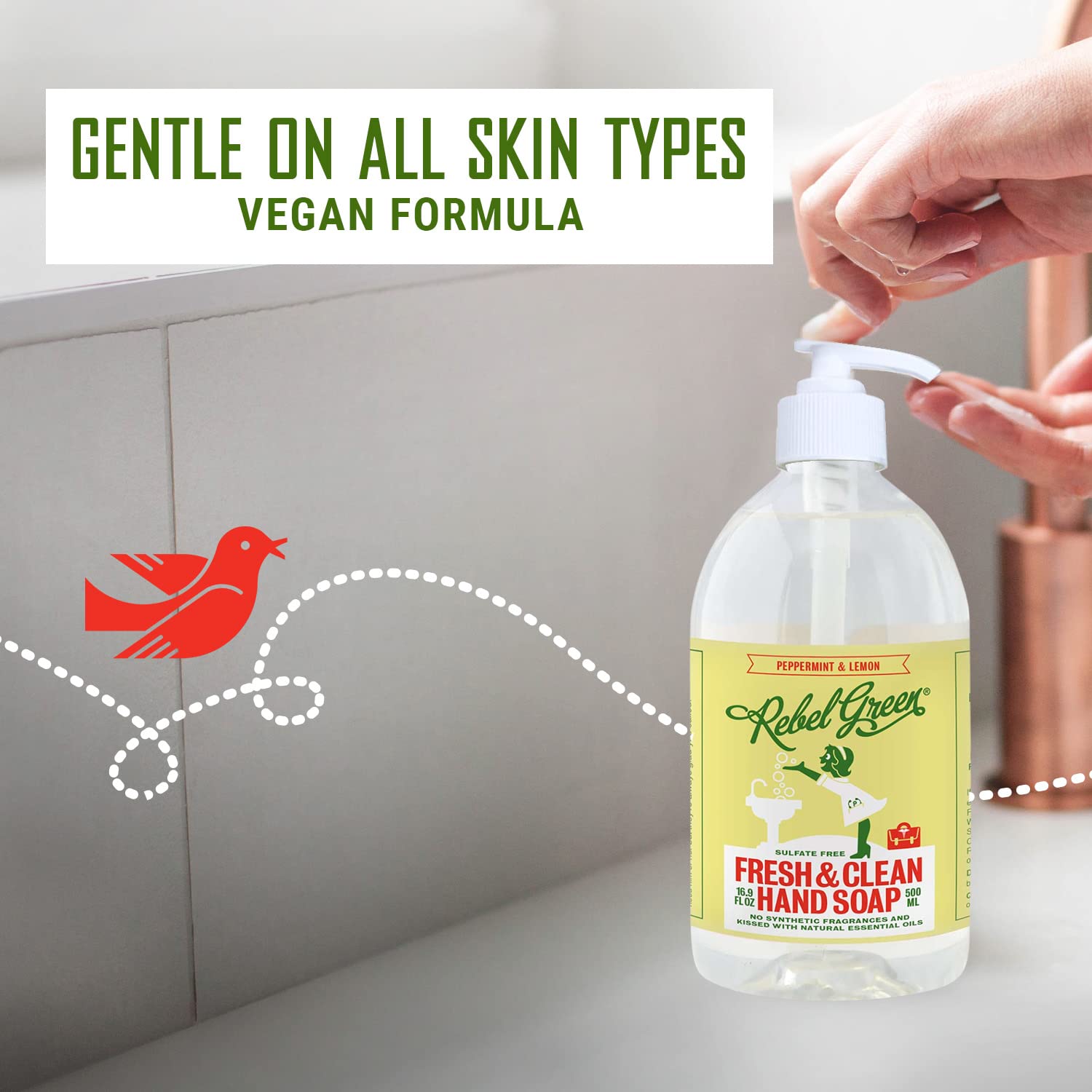 Rebel Green Liquid Hand Soap – Moisturizing Natural Hand Wash (Peppermint & Lemon) – Pack of 4, 16.9 fl oz