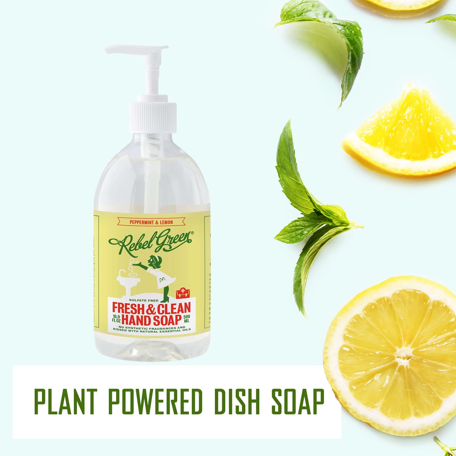 Rebel Green Liquid Hand Soap – Moisturizing Natural Hand Wash (Peppermint & Lemon) – Pack of 4, 16.9 fl oz