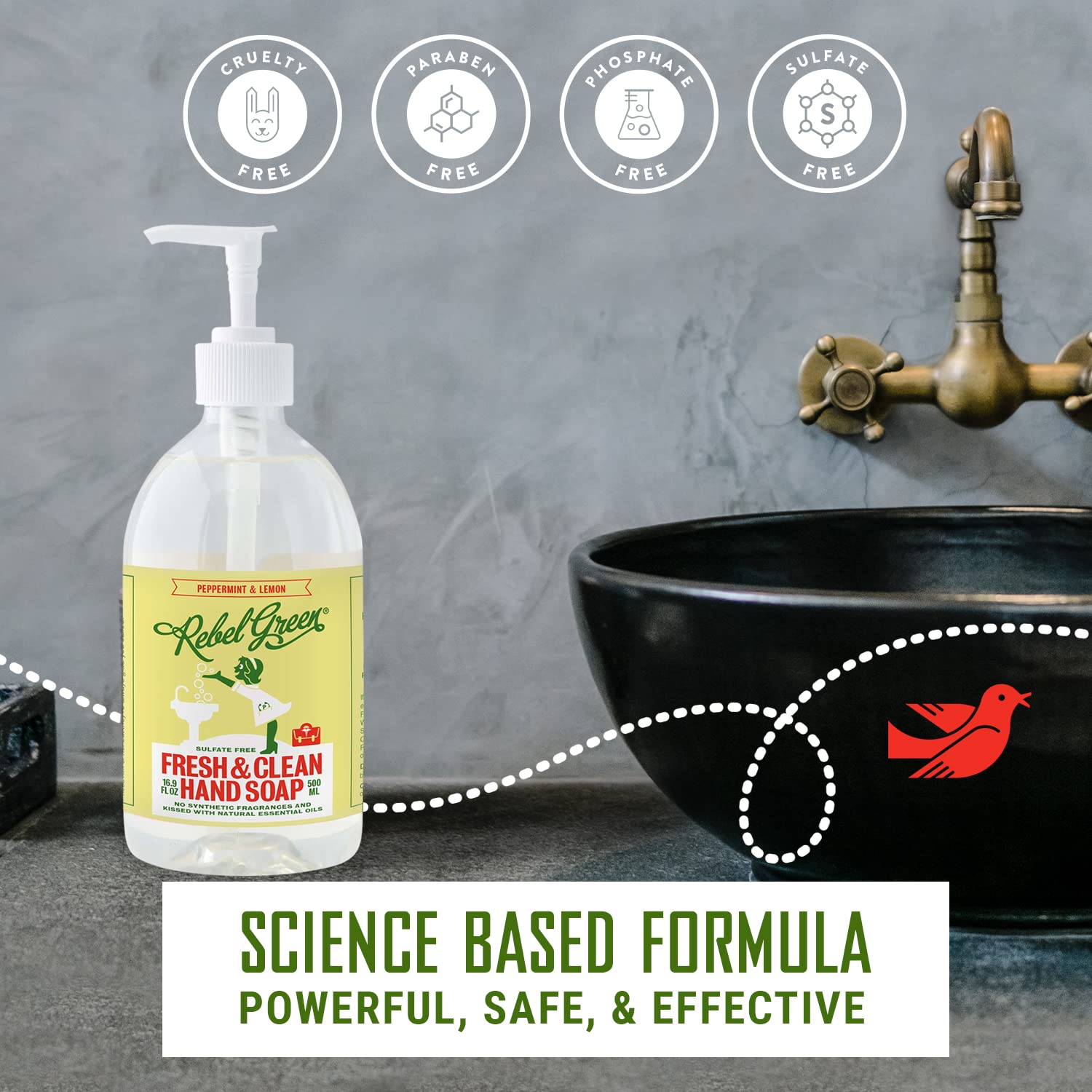 Rebel Green Liquid Hand Soap – Moisturizing Natural Hand Wash (Peppermint & Lemon) – Pack of 4, 16.9 fl oz