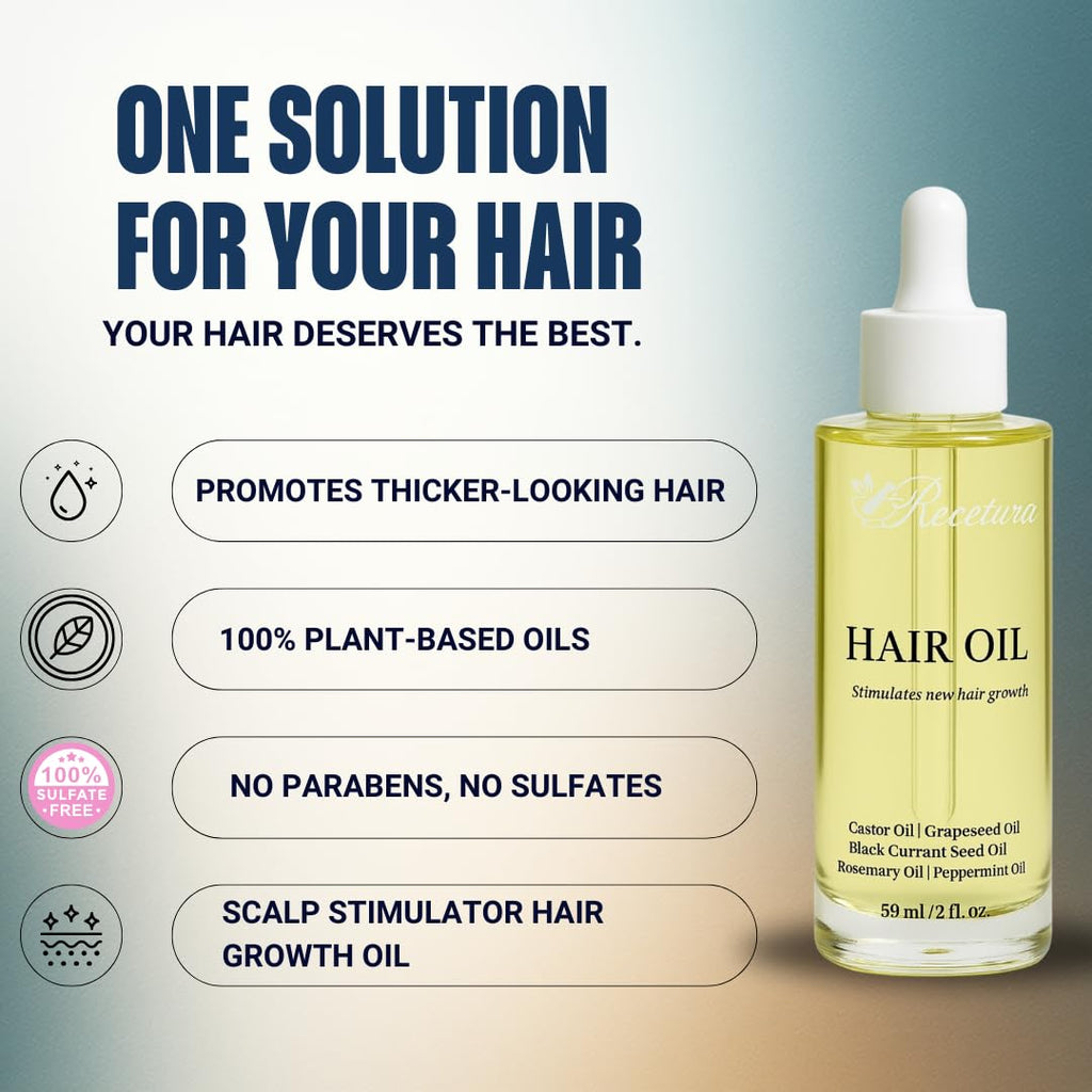 Recetura Hair Growth Oil – 100% Natural Castor, Rosemary & Peppermint