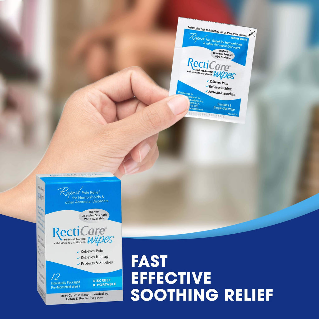 RectiCare Medicated Anorectal Wipes – Maximum Strength 5% Lidocaine – 12 Pack