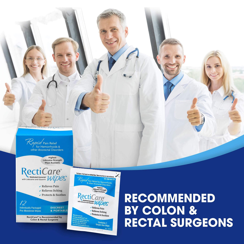 RectiCare Medicated Anorectal Wipes – Maximum Strength 5% Lidocaine – 12 Pack