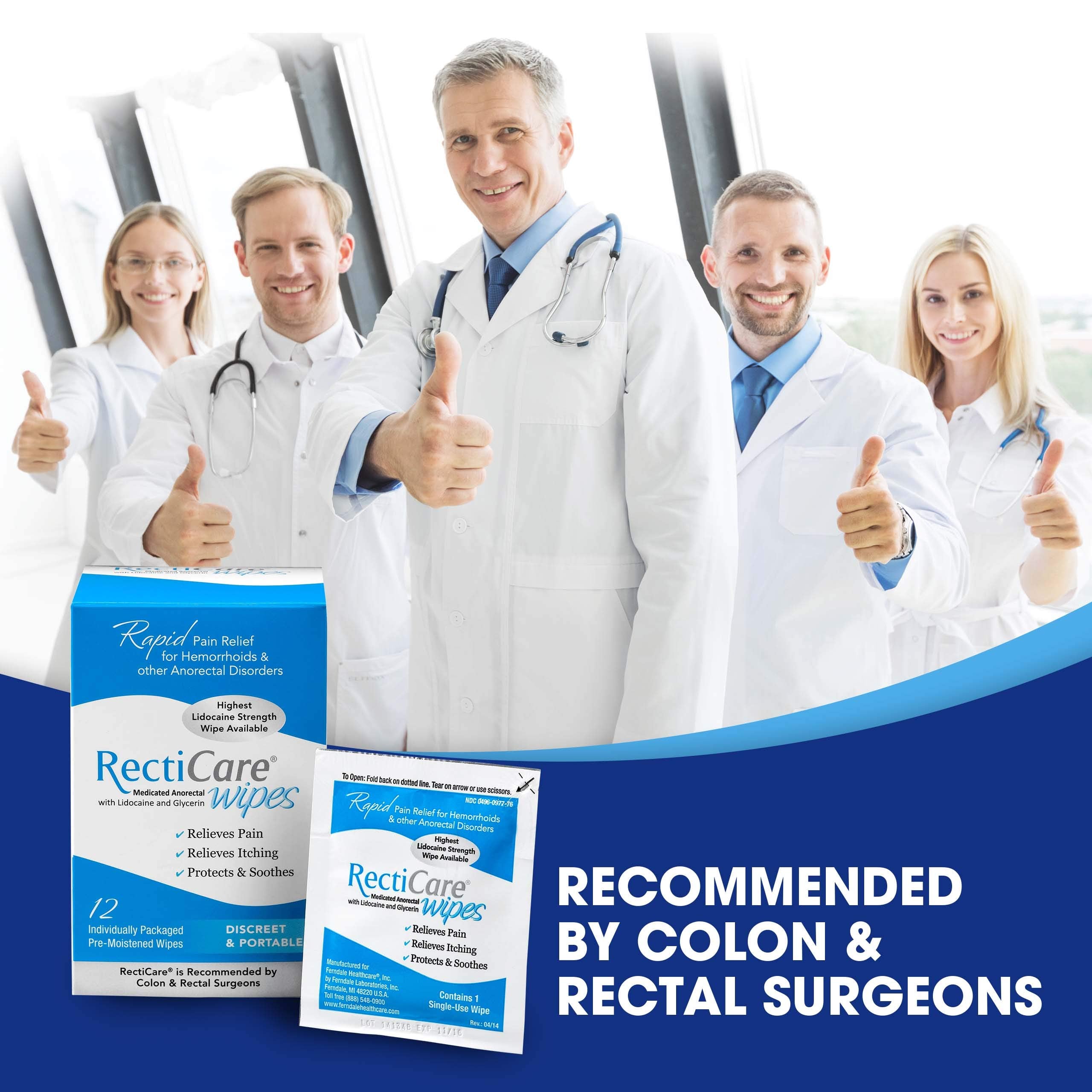 RectiCare Medicated Anorectal Wipes – Maximum Strength 5% Lidocaine – 12 Pack
