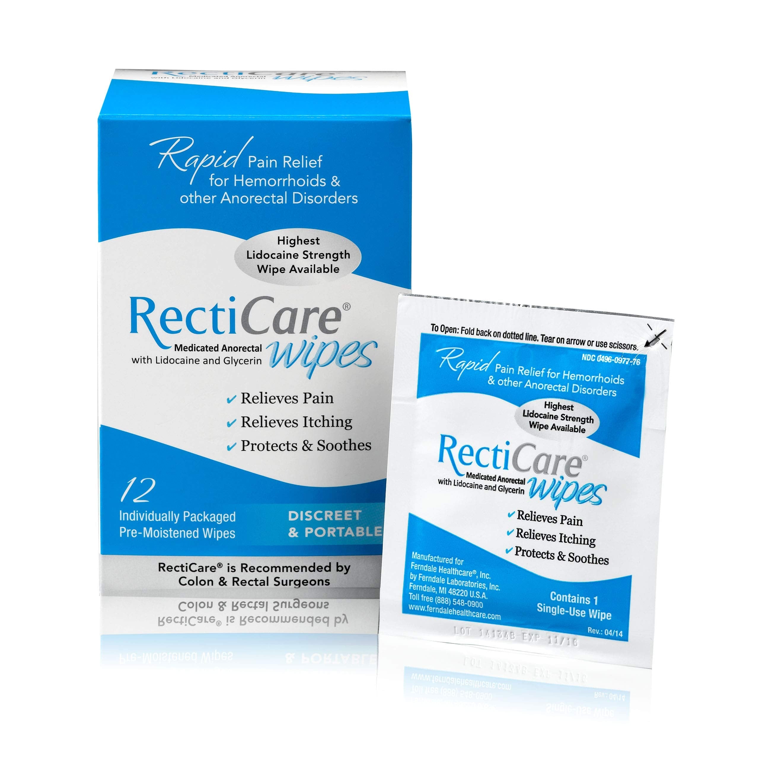 RectiCare Medicated Anorectal Wipes – Maximum Strength 5% Lidocaine – 12 Pack