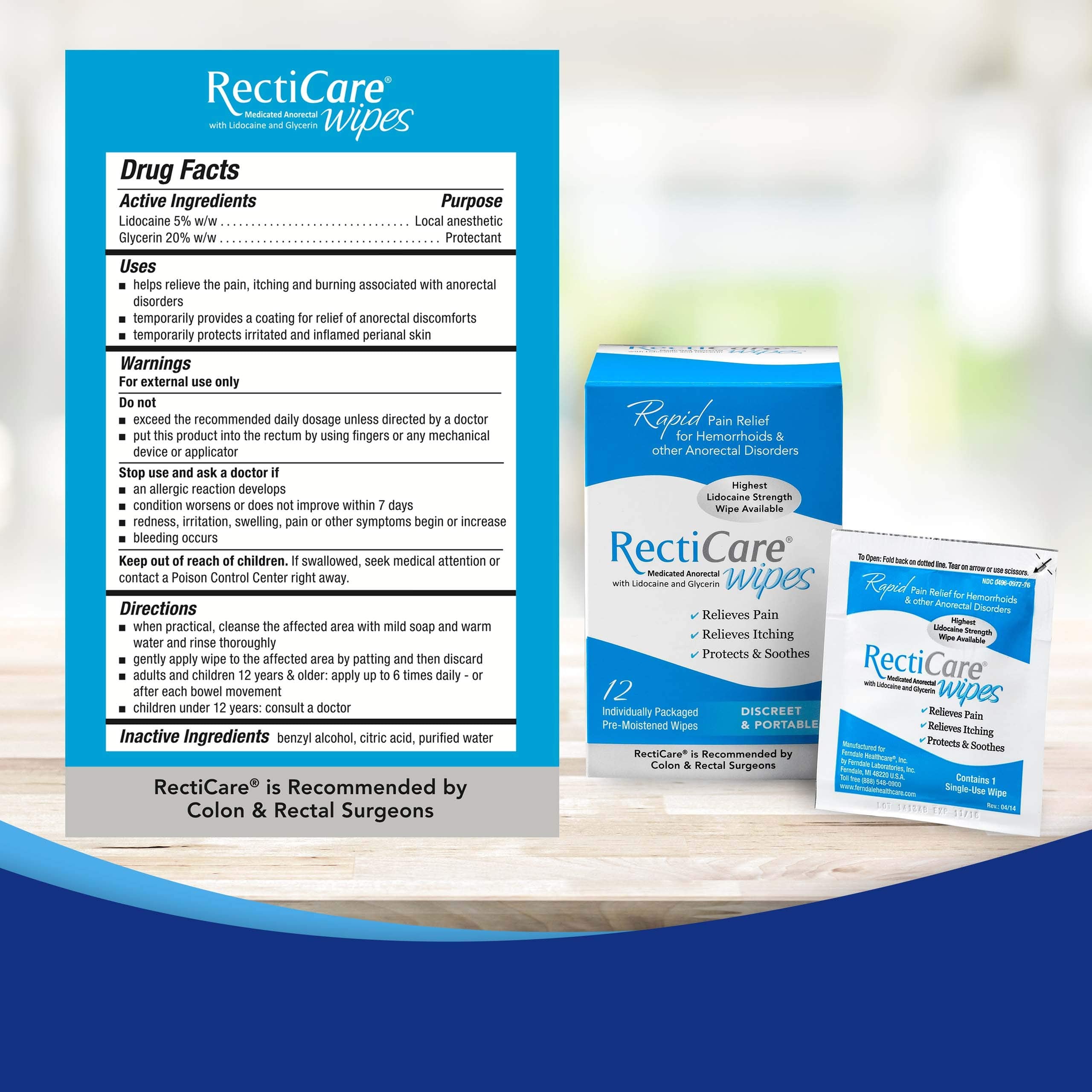 RectiCare Medicated Anorectal Wipes – Maximum Strength 5% Lidocaine – 12 Pack