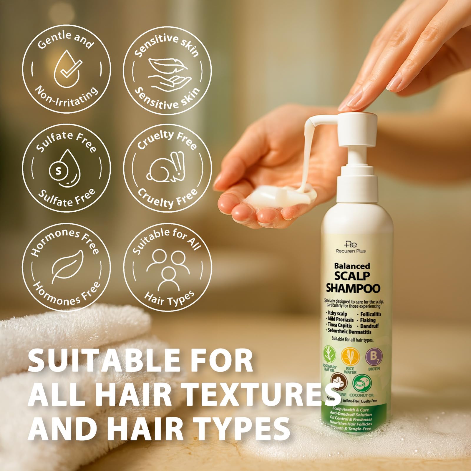 Recuren Plus Antifungal Shampoo | Dandruff & Itchy Scalp Relief, Salicylic Acid & Piroctone Olamine (8.8 fl oz)