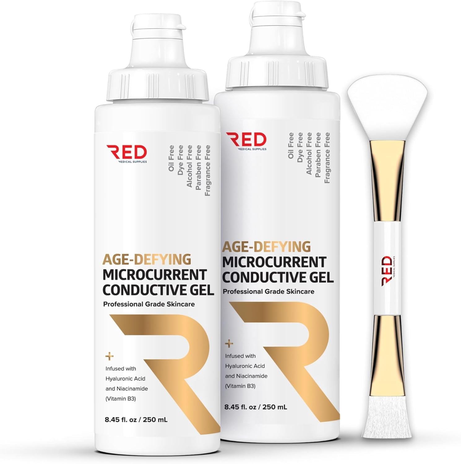 RED Medical Supplies Age-Defying Microcurrent Conductive Gel – Hyaluronic Acid & Niacinamide, 2 Bottles + Applicator, 8.45 fl oz / 250 mL