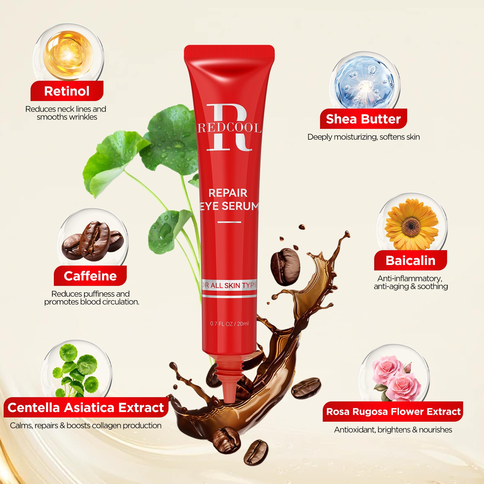 Redcool Caffeine & Retinol Under Eye Serum – Fast Absorbing, Dermatologist-Tested, 0.7 oz