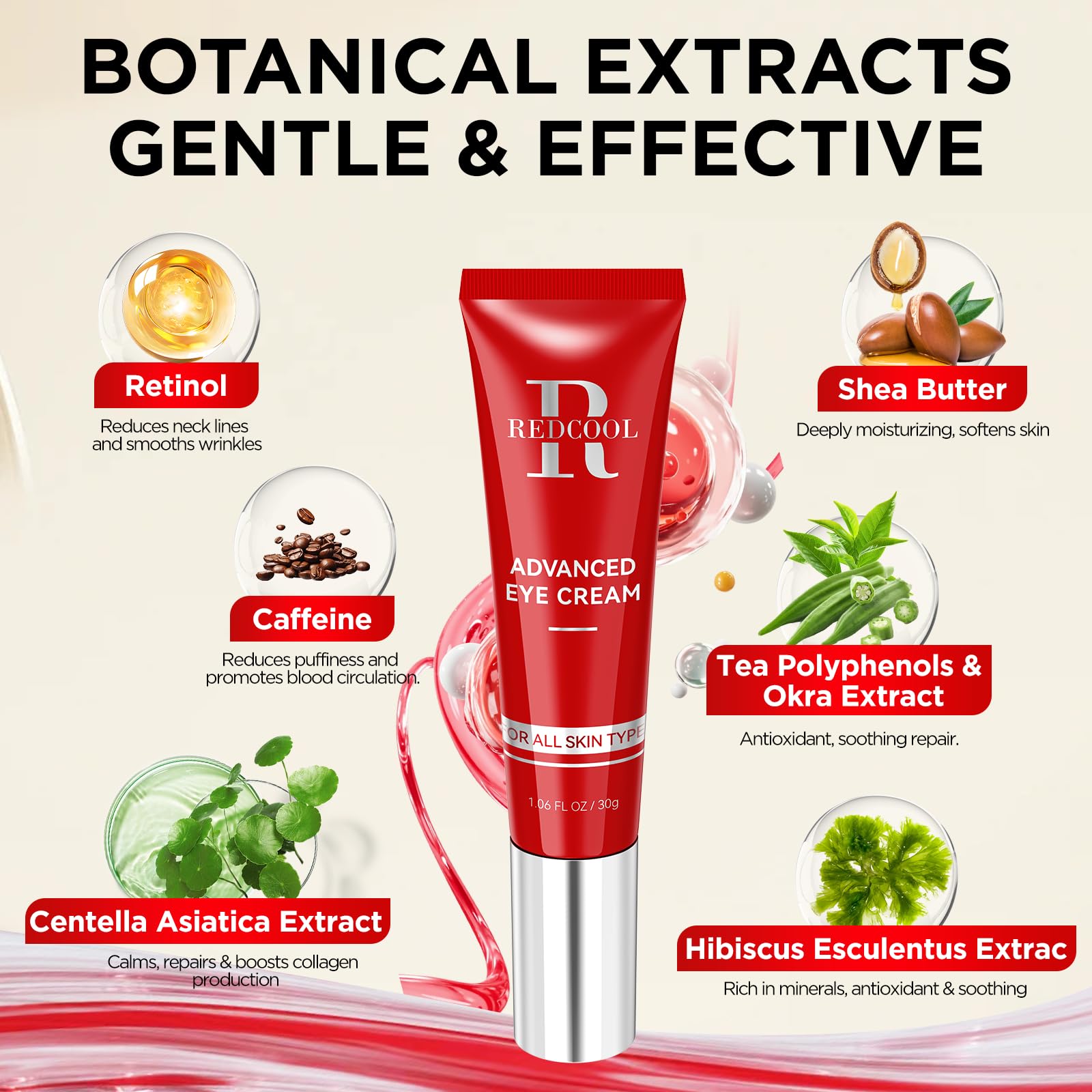 Redcool Retinol Eye Cream for Dark Circles – Hyaluronic Acid, Caffeine, Day and Night Use