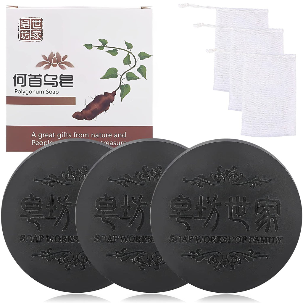 Rednow Black & Thick Hair Fallopia Multiflora Shampoo Bar with Foaming Net (3 pcs) – Polygonum & Shou Wu Extract