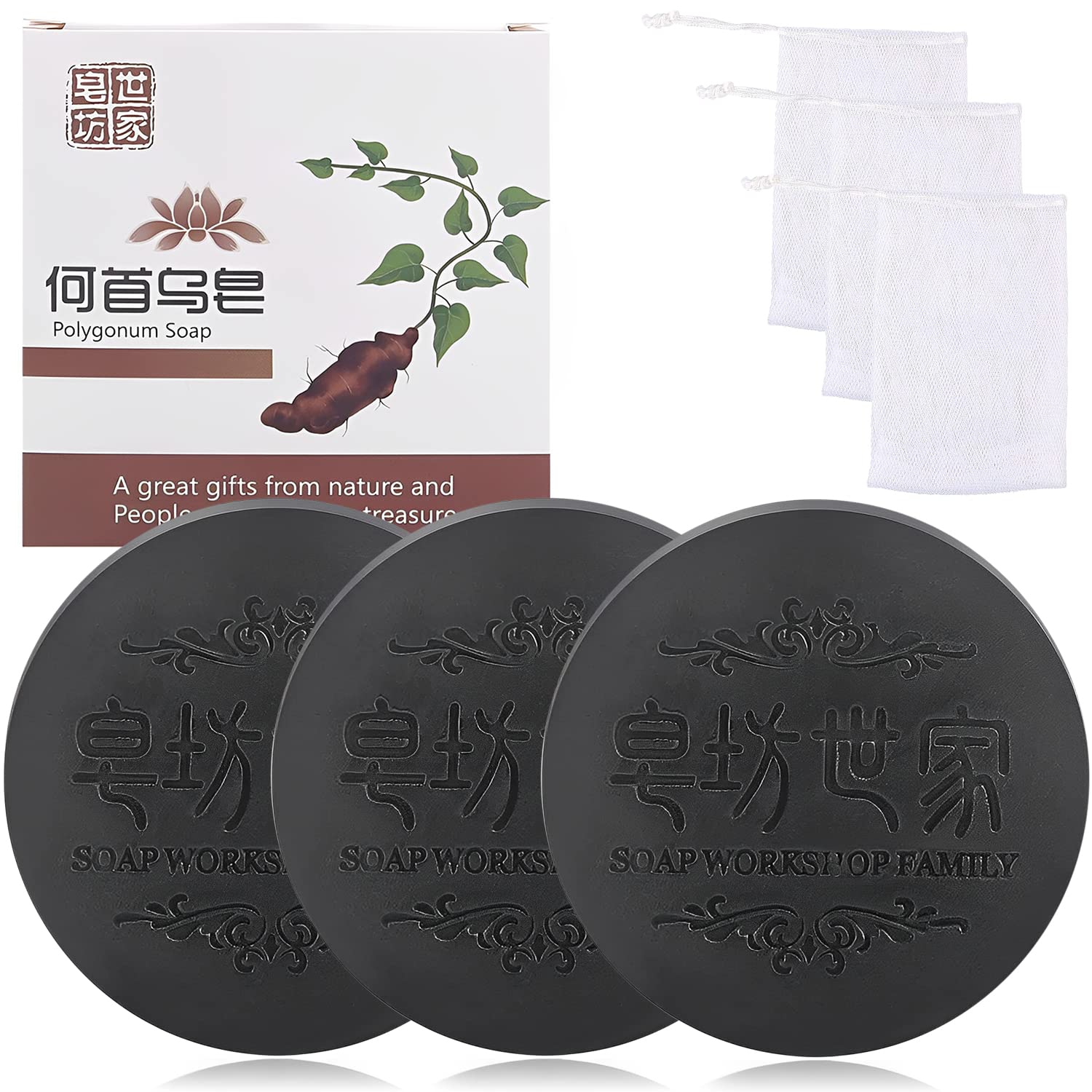 Rednow Black & Thick Hair Fallopia Multiflora Shampoo Bar with Foaming Net (3 pcs) – Polygonum & Shou Wu Extract