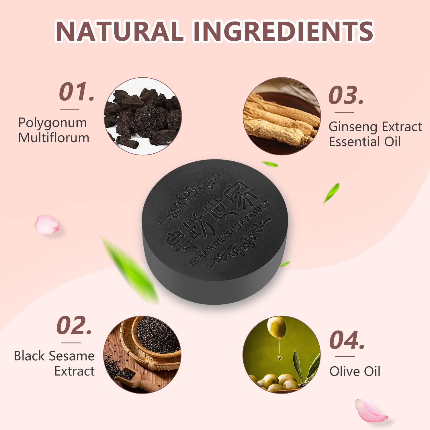 Rednow Black & Thick Hair Fallopia Multiflora Shampoo Bar with Foaming Net (3 pcs) – Polygonum & Shou Wu Extract