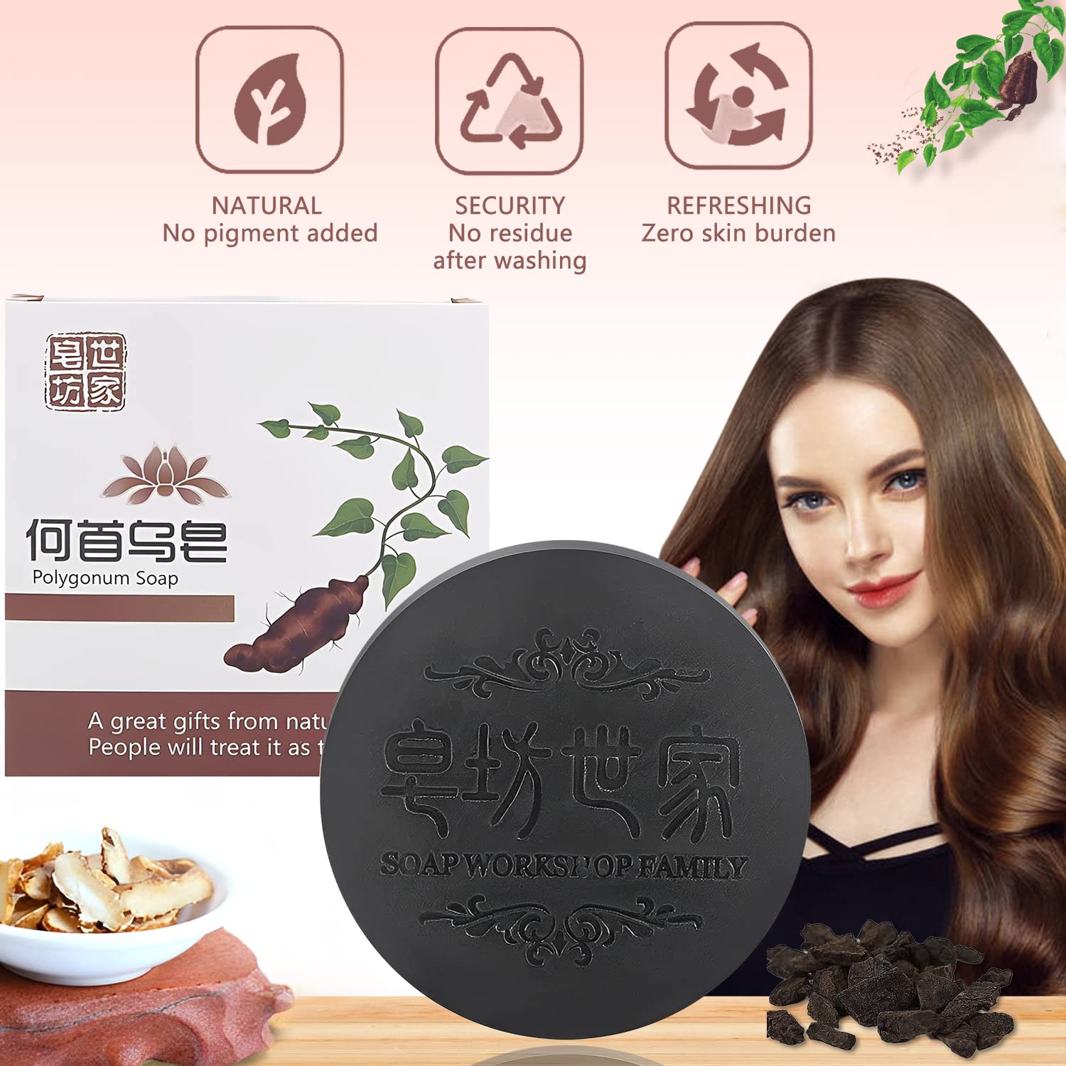 Rednow Black & Thick Hair Fallopia Multiflora Shampoo Bar with Foaming Net (3 pcs) – Polygonum & Shou Wu Extract