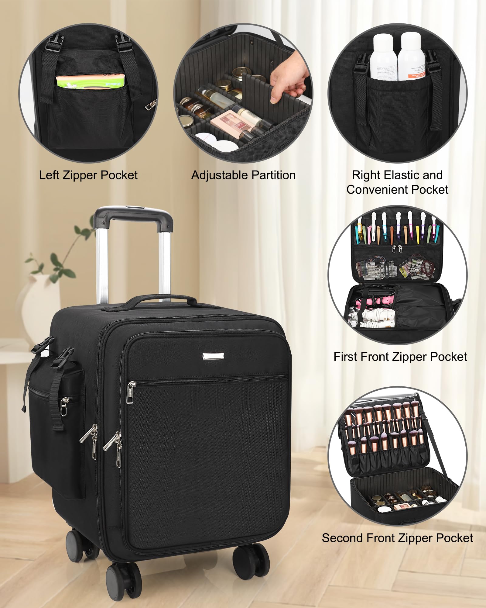 Relavel 3-in-1 Rolling Makeup Case | Pro Travel Trolley with Wheels (Black)