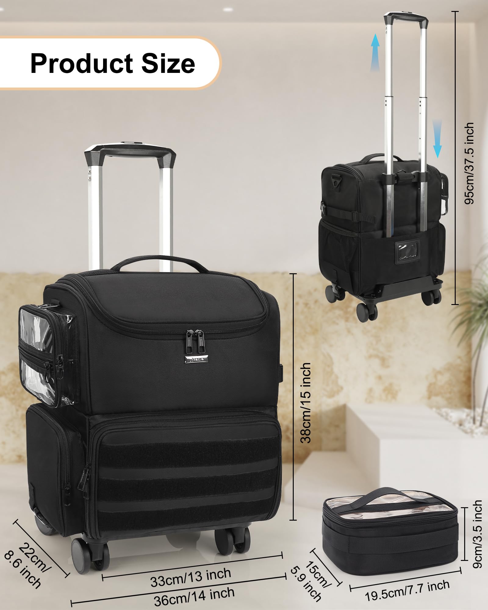 Relavel Rolling Makeup Train Case on Wheels | 360° Spinner & 4 Clear Bags