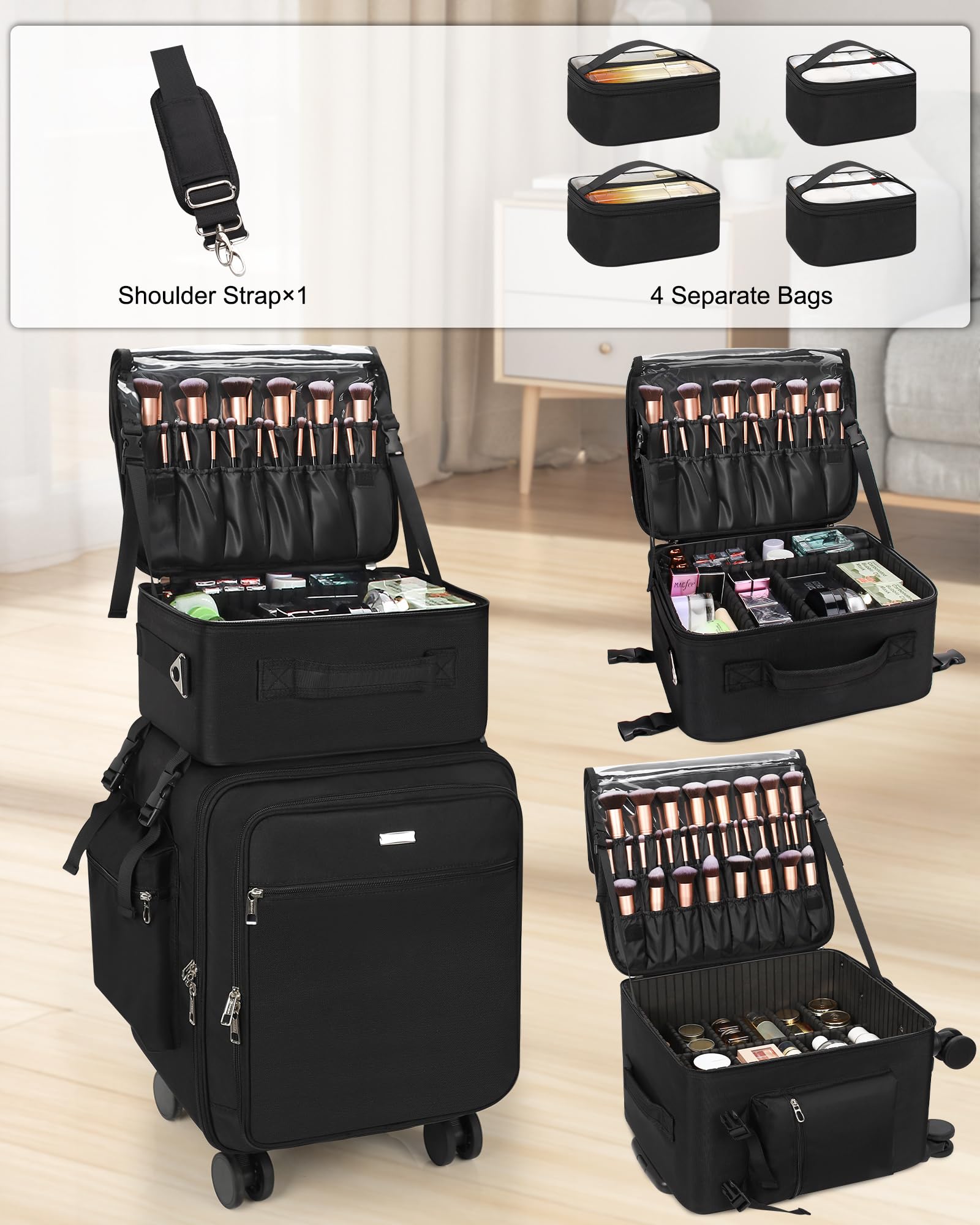 Relavel 3-in-1 Rolling Makeup Case | Pro Travel Trolley with Wheels (Black)