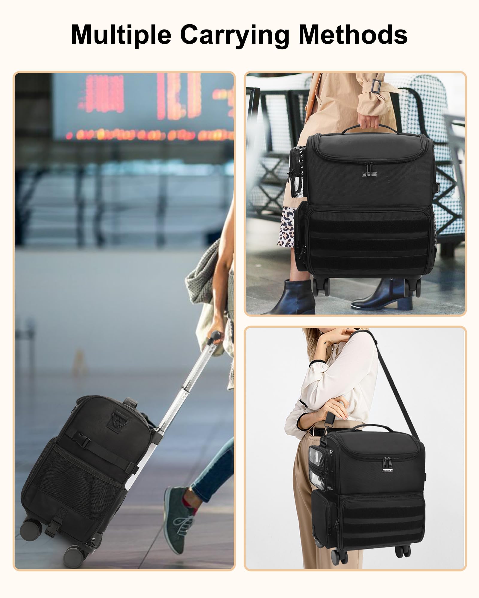 Relavel Rolling Makeup Train Case on Wheels | 360° Spinner & 4 Clear Bags