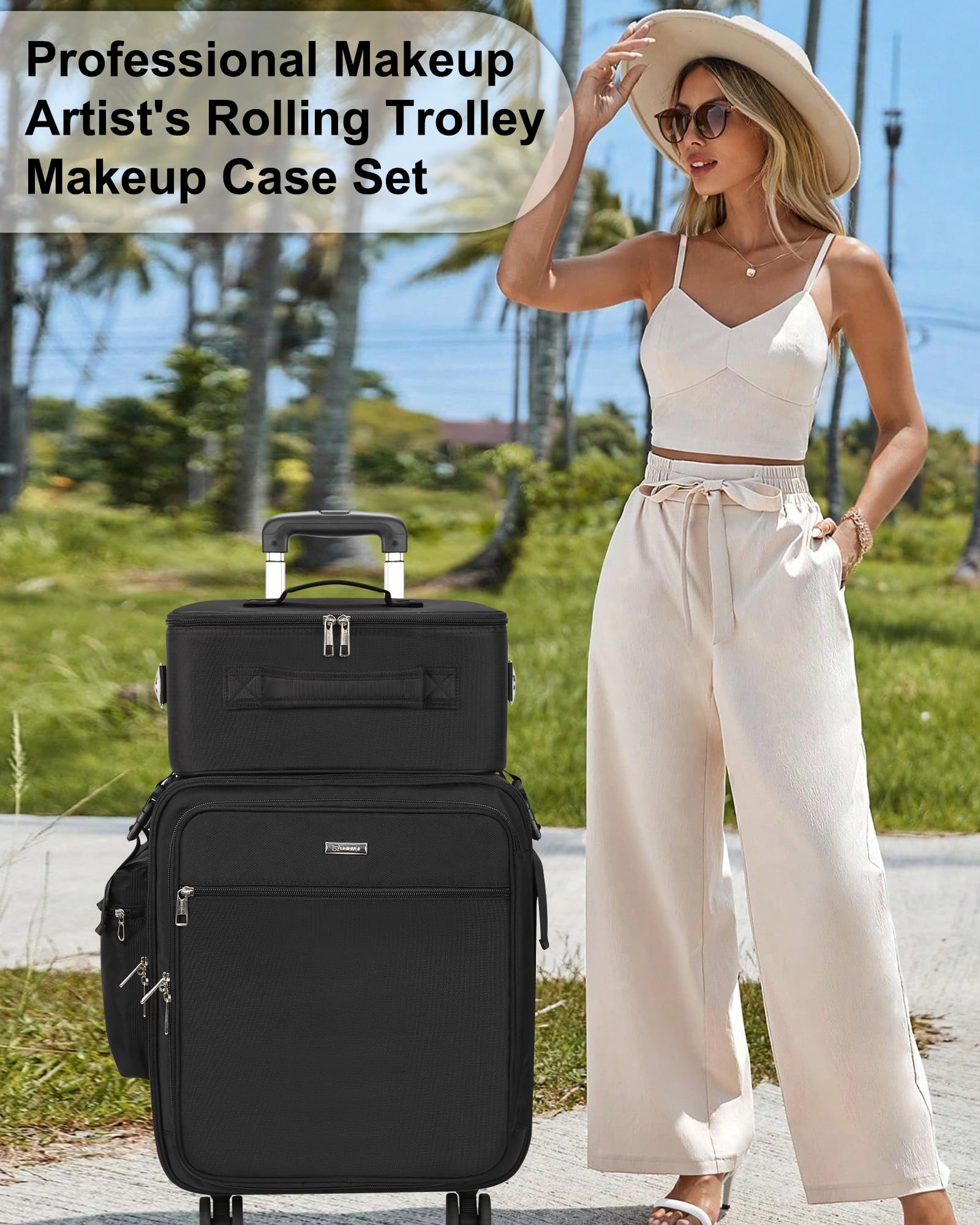 Relavel 3-in-1 Rolling Makeup Case | Pro Travel Trolley with Wheels (Black)