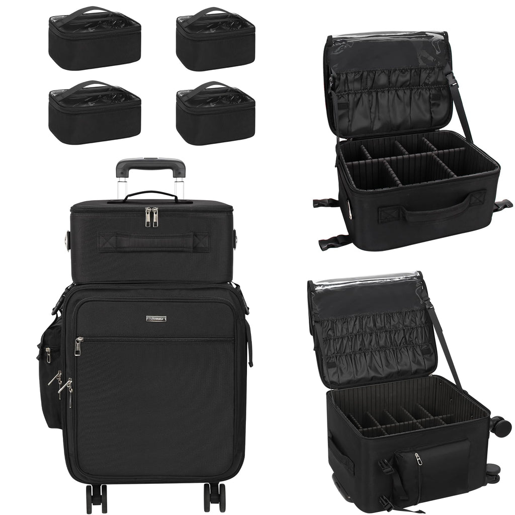 Relavel 3-in-1 Rolling Makeup Case | Pro Travel Trolley with Wheels (Black)
