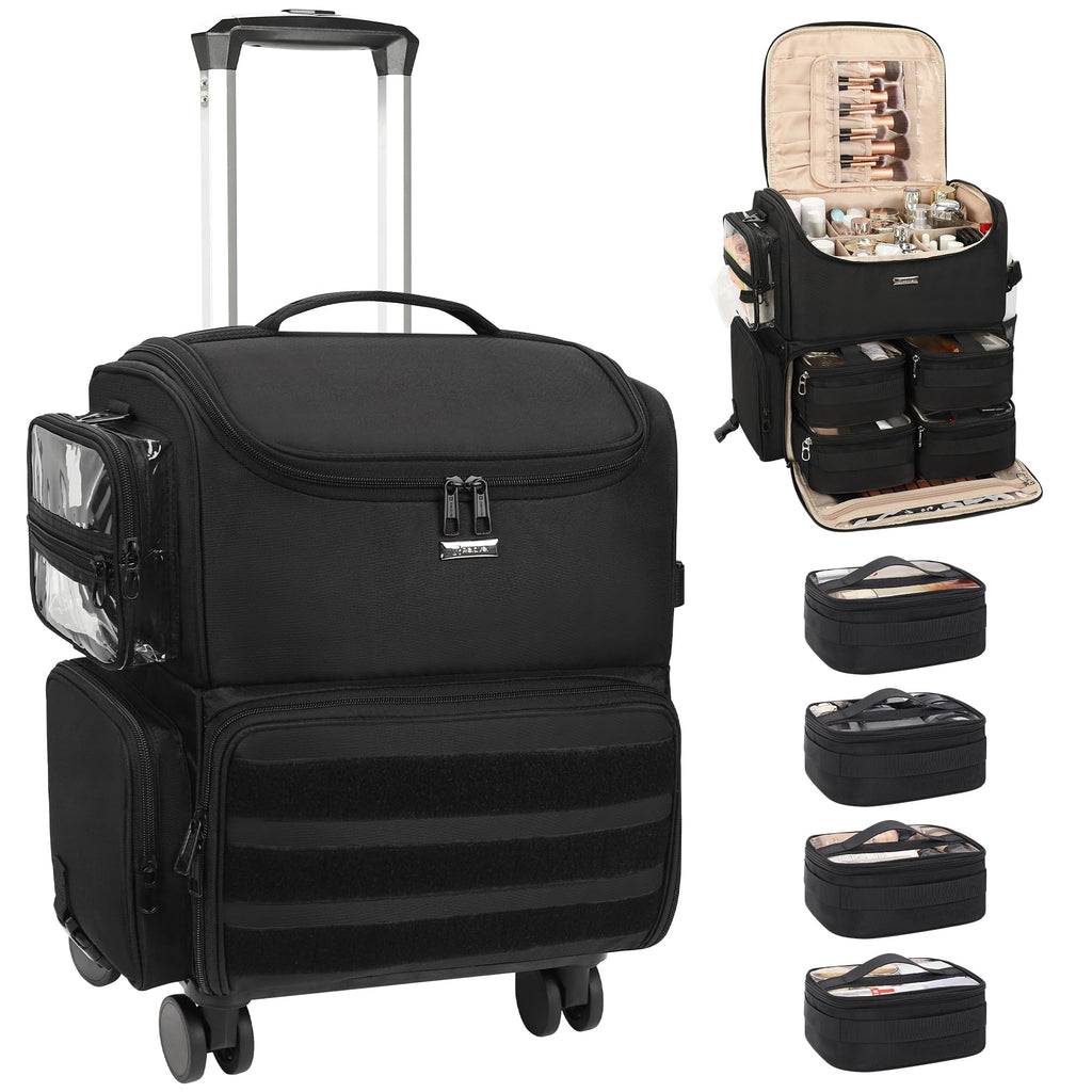 Relavel Rolling Makeup Train Case on Wheels | 360° Spinner & 4 Clear Bags