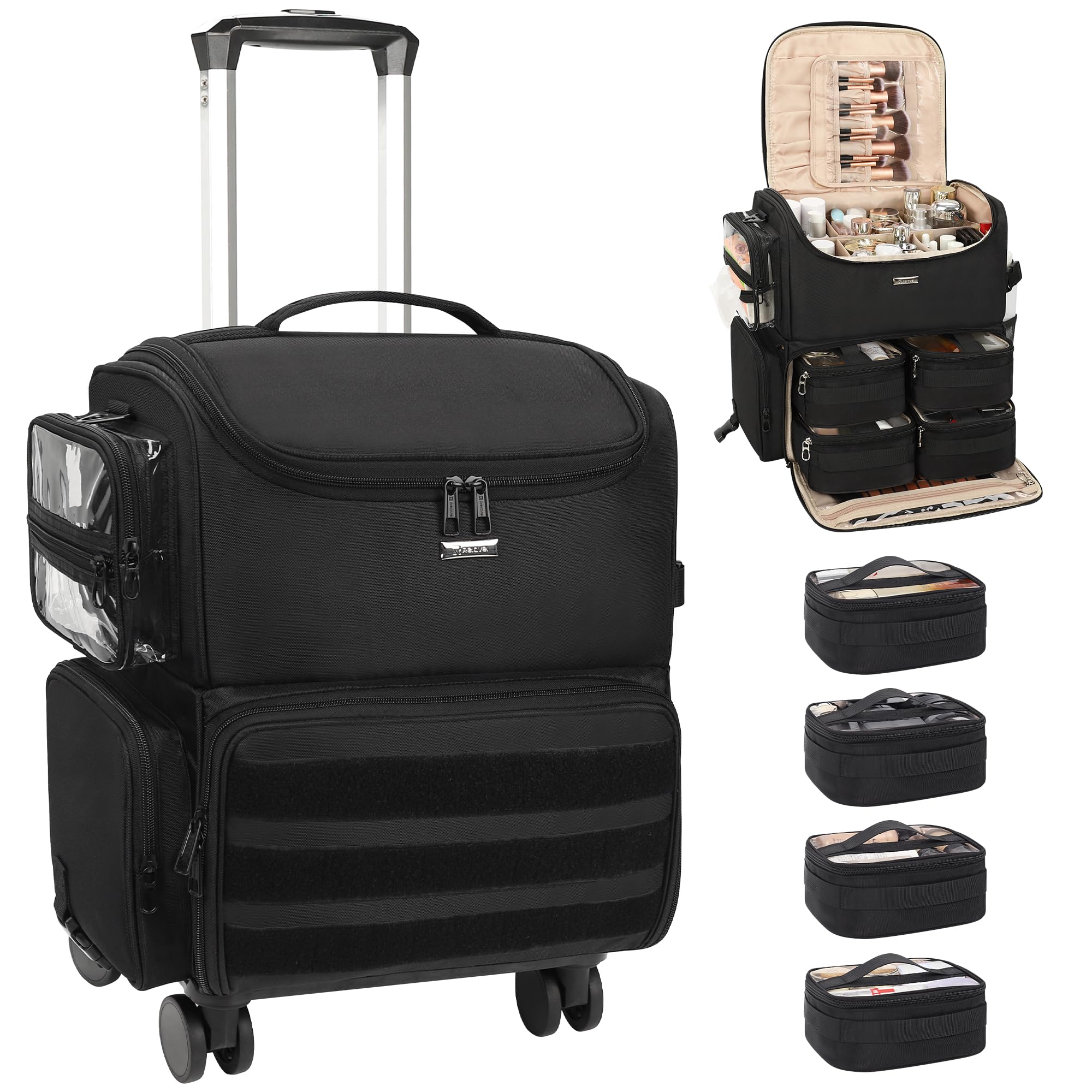 Relavel Rolling Makeup Train Case on Wheels | 360° Spinner & 4 Clear Bags
