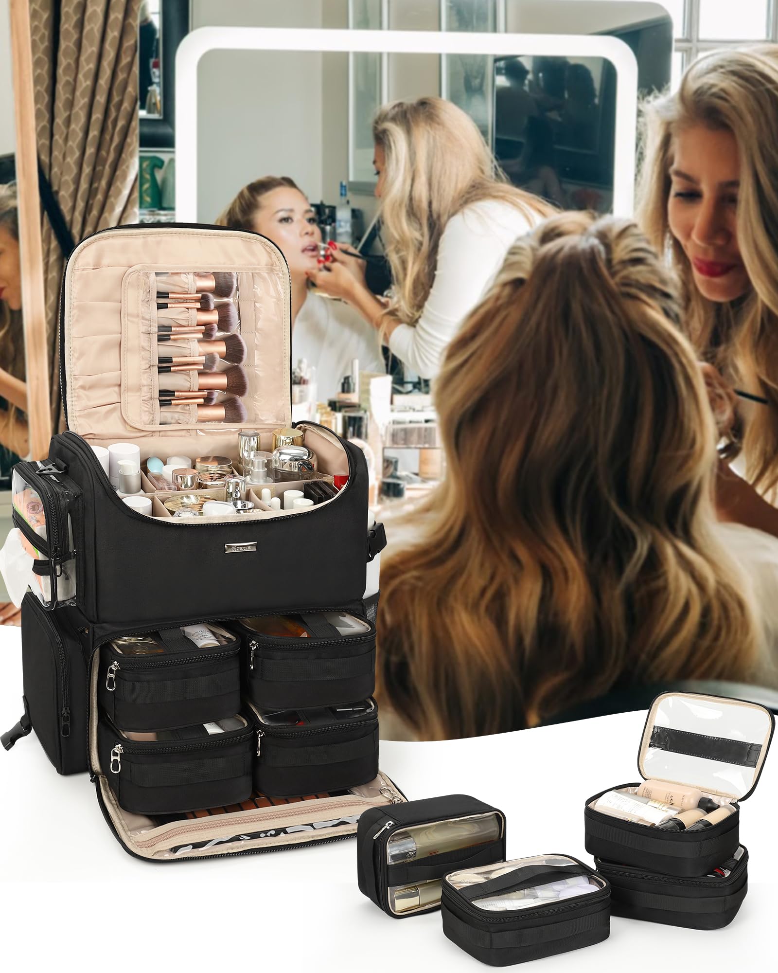 Relavel Rolling Makeup Train Case on Wheels | 360° Spinner & 4 Clear Bags