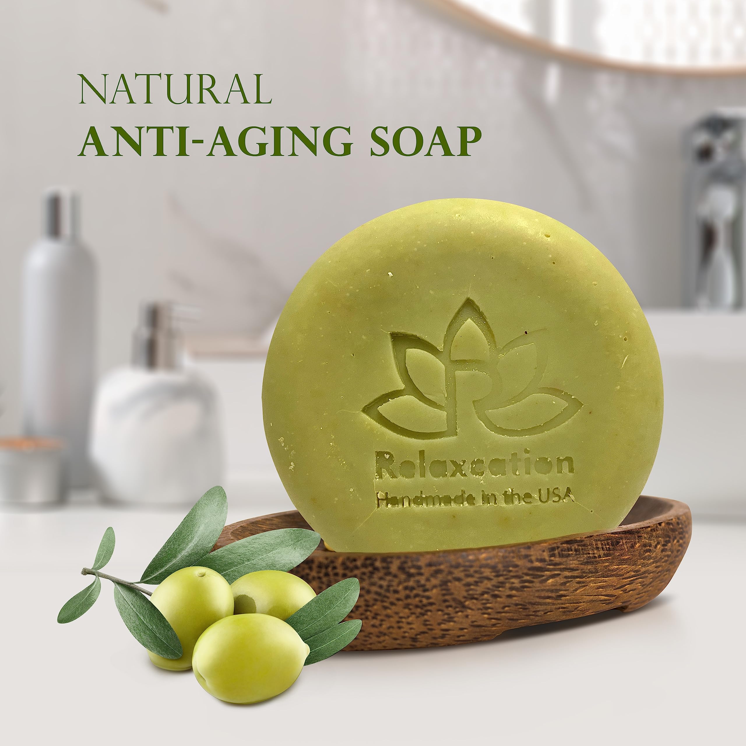 Relaxcation Olive Soap Bar – MADE IN USA, Organic Olive Oil & Leaves (3-Pack)