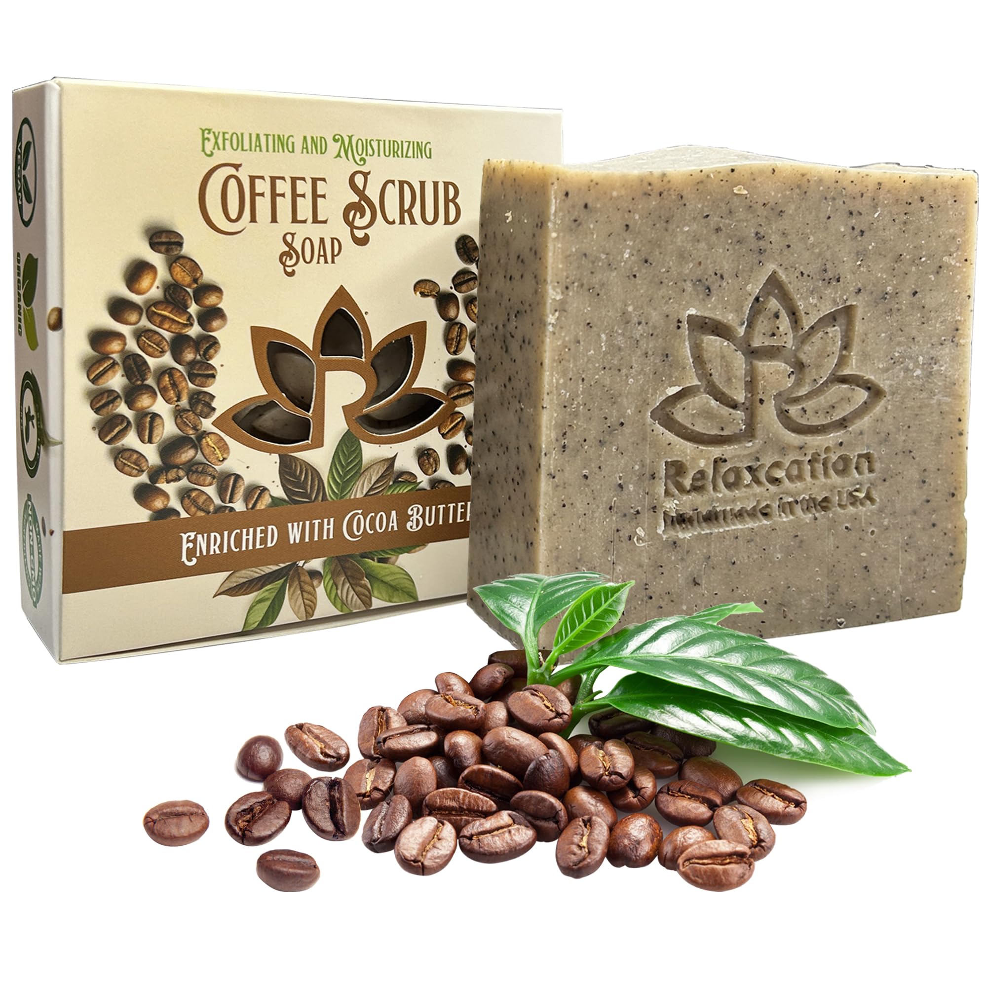 Relaxcation Coffee Scrub Soap Bar – Ground Coffee & Cocoa Butter Exfoliating Soap