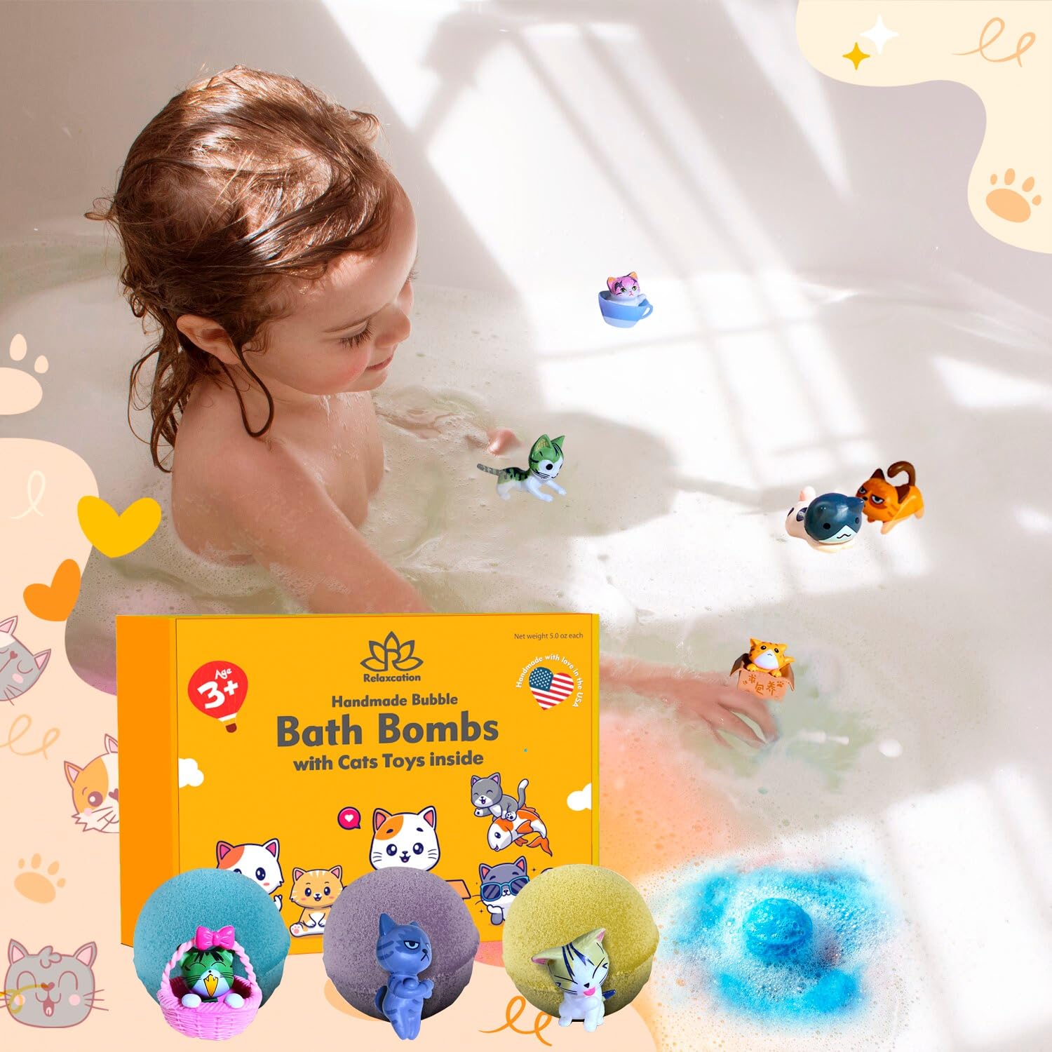 Relaxcation Bath Bombs for Kids Set with Toys Inside – Cat Theme