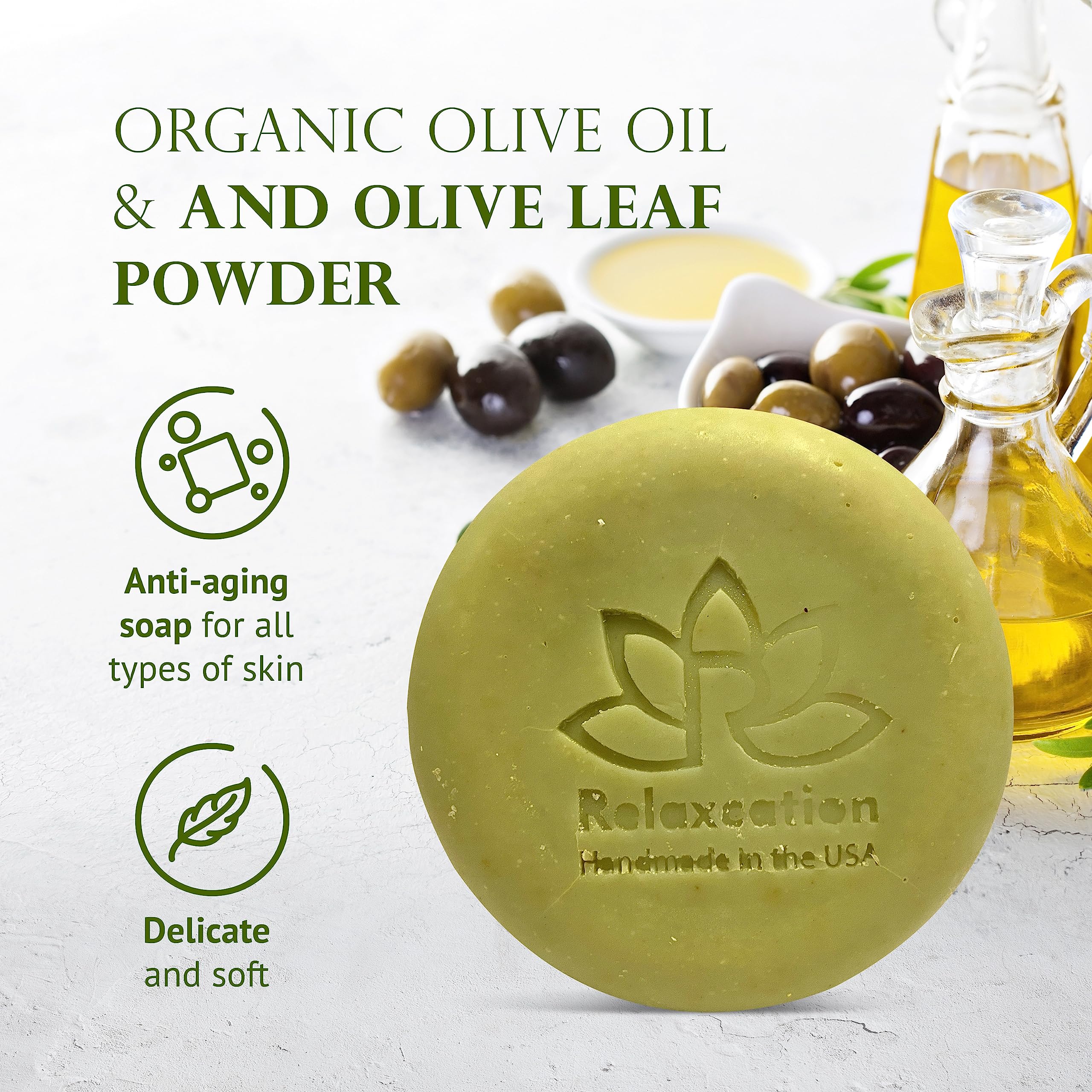 Relaxcation Olive Soap Bar – MADE IN USA, Organic Olive Oil & Leaves (3-Pack)