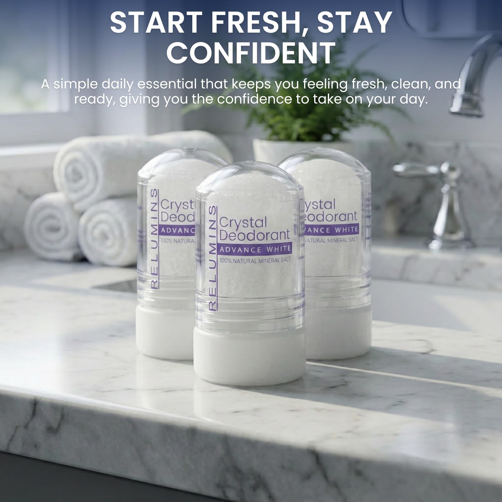 Relumins Crystal Deodorant – Aluminum-Free Mineral Salt Roll-On, 60g x 3