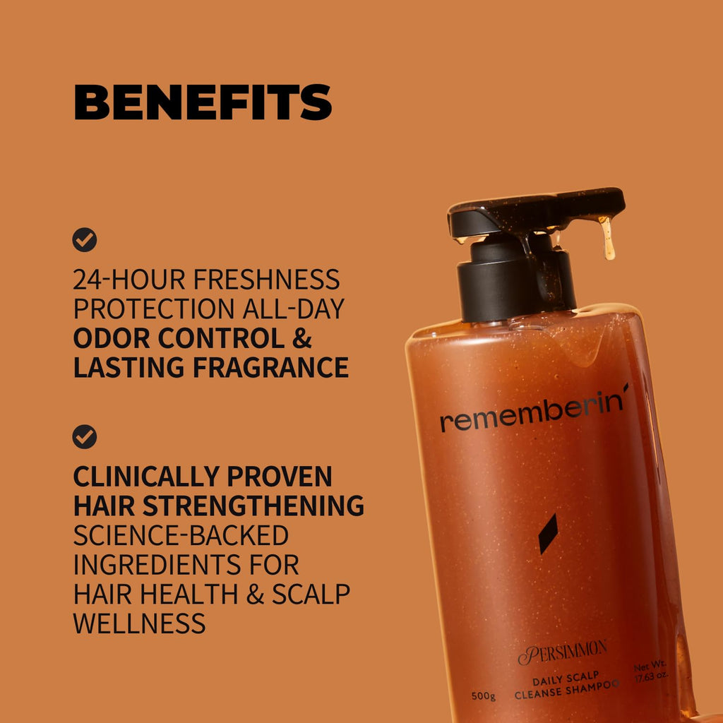 Rememberin Persimmon Shampoo for Odor Control – Korean Persimmon Extract, Sulfate-Free & Gentle, pH-Balanced for Sensitive Scalp, 24-Hour Freshness (17.63 oz / 500 g)