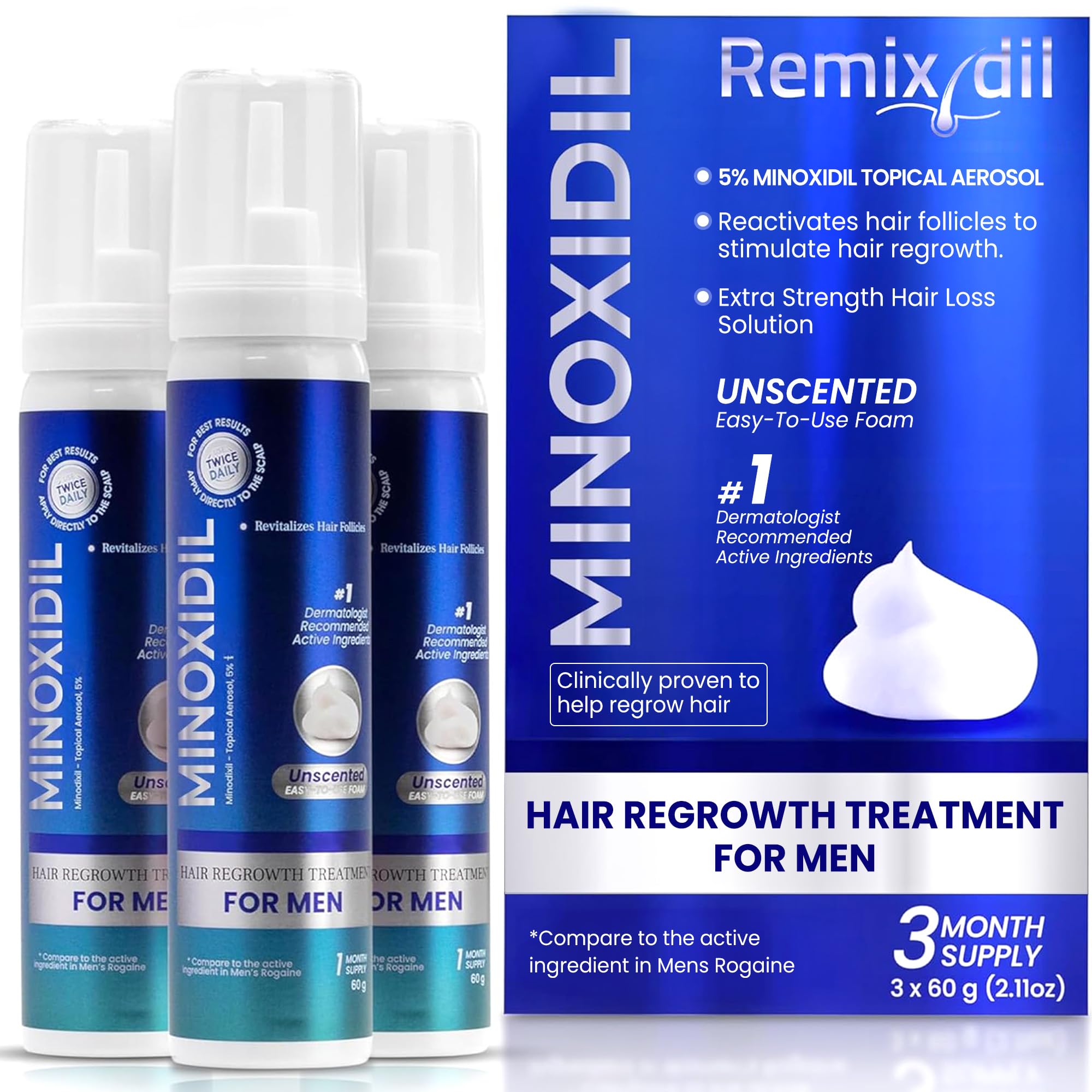 Remixidil Men’s 5% Minoxidil Foam – Hair Regrowth for Men | 3-Month Supply | Rida Hair Research Institute