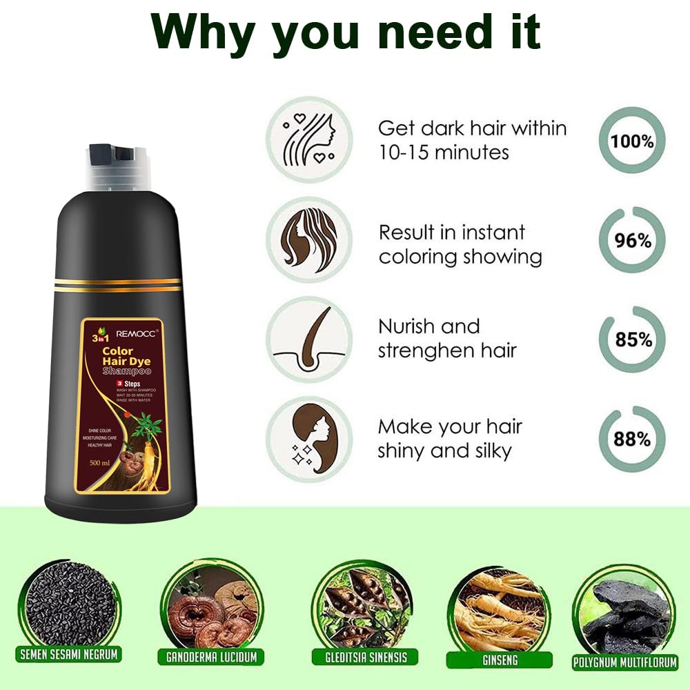 Remocc Instant Brown Hair Dye Shampoo – 3-in-1 Gray Coverage, Herbal 500ml