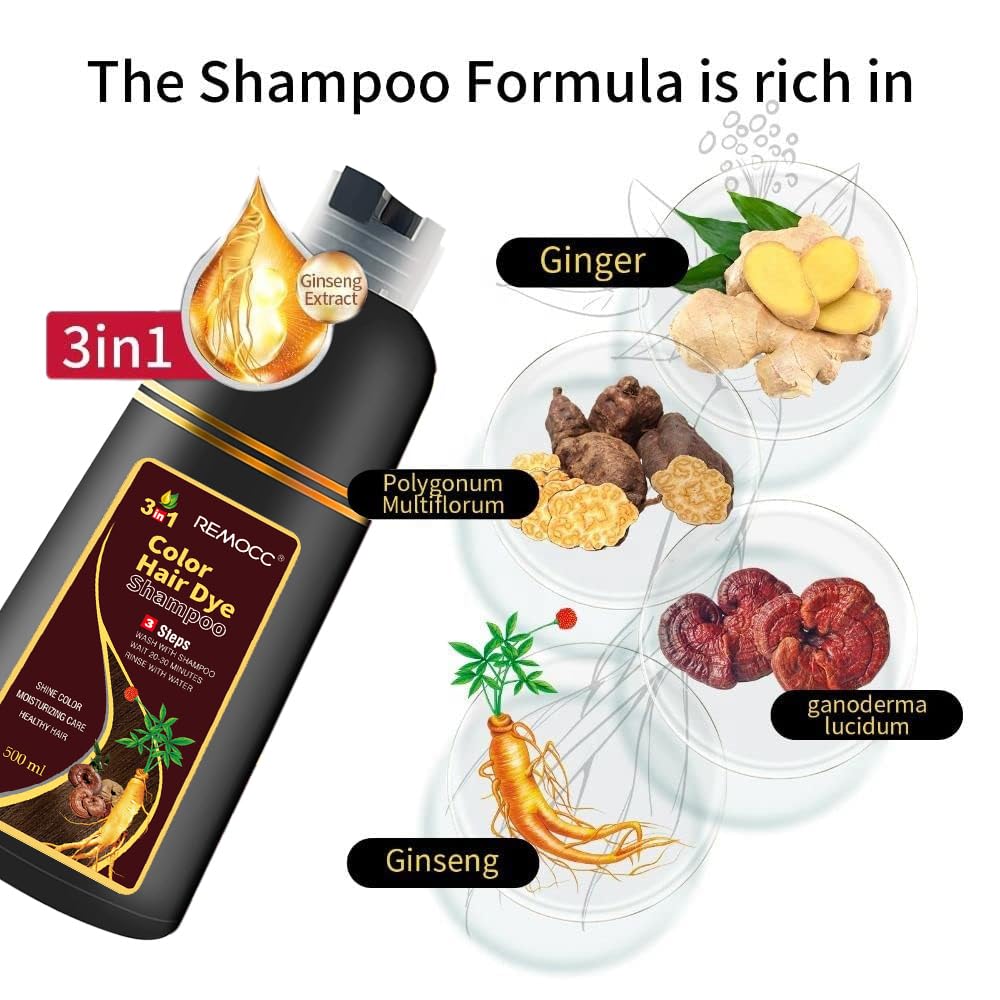Remocc Instant Chestnut Hair Dye Shampoo 3 in 1 – 100% Gray Coverage in Minutes, 500ml