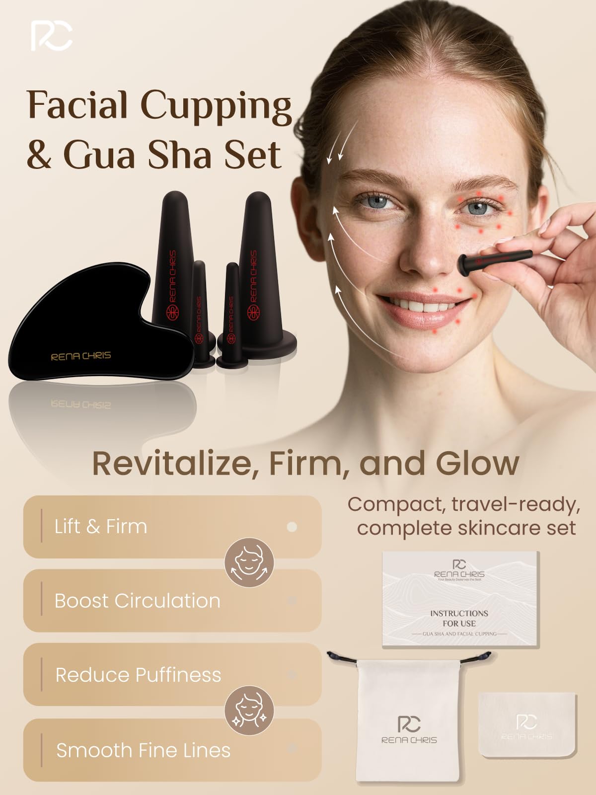 Rena Chris Facial Cupping Set & Gua Sha Tool – Silicone Cups + Obsidian Stone