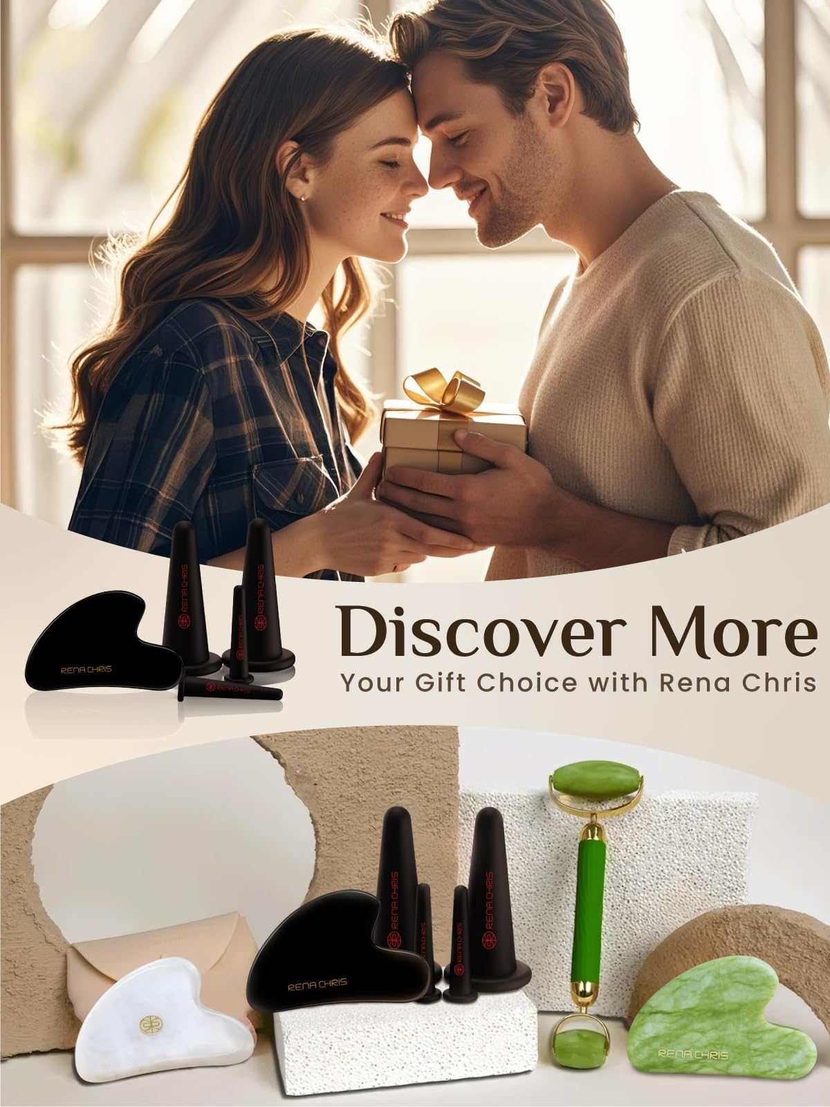 Rena Chris Facial Cupping Set & Gua Sha Tool – Silicone Cups + Obsidian Stone