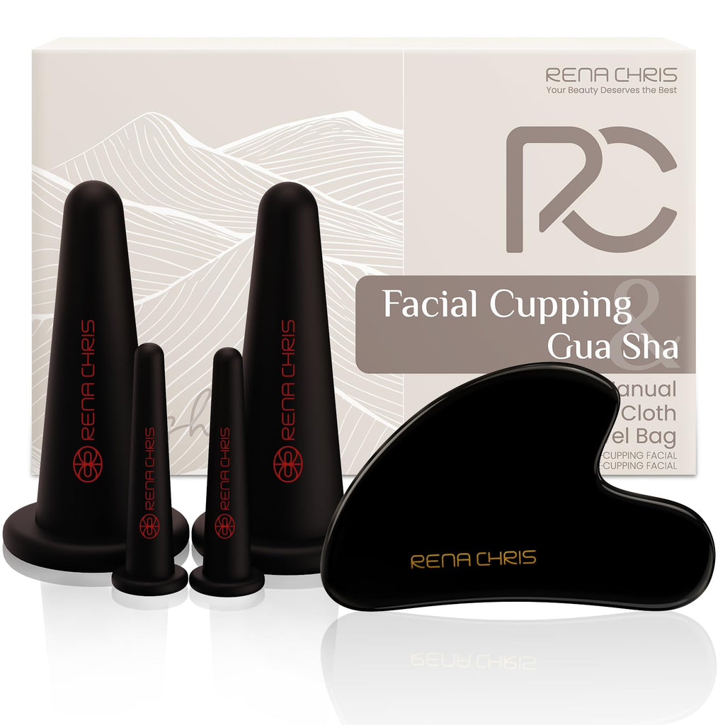 Rena Chris Facial Cupping Set & Gua Sha Tool – Silicone Cups + Obsidian Stone