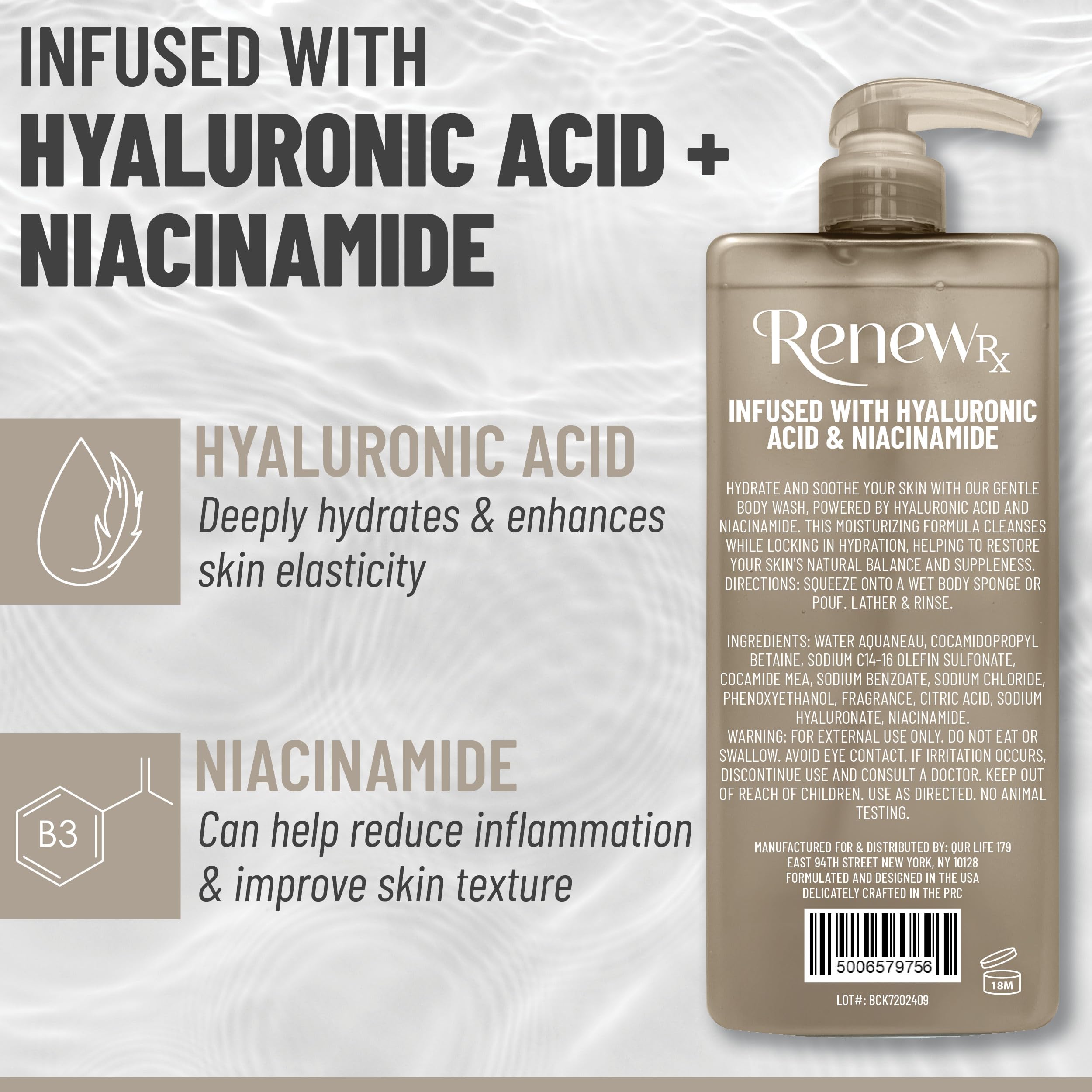 RENEW RX Hyaluronic Acid and Niacinamide Body Wash – Hydrating, Brightening, Vegan (32 oz)