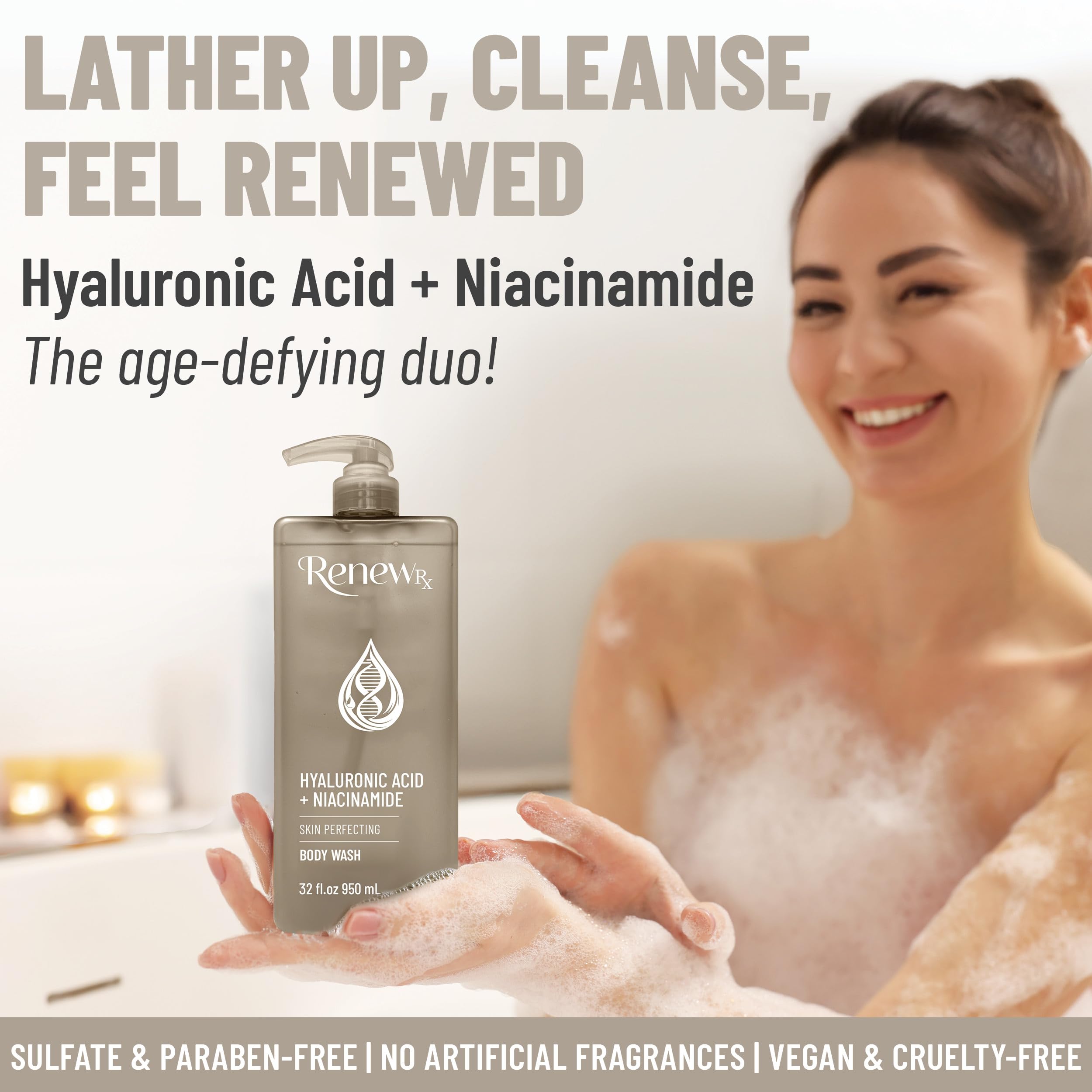 RENEW RX Hyaluronic Acid and Niacinamide Body Wash – Hydrating, Brightening, Vegan (32 oz)