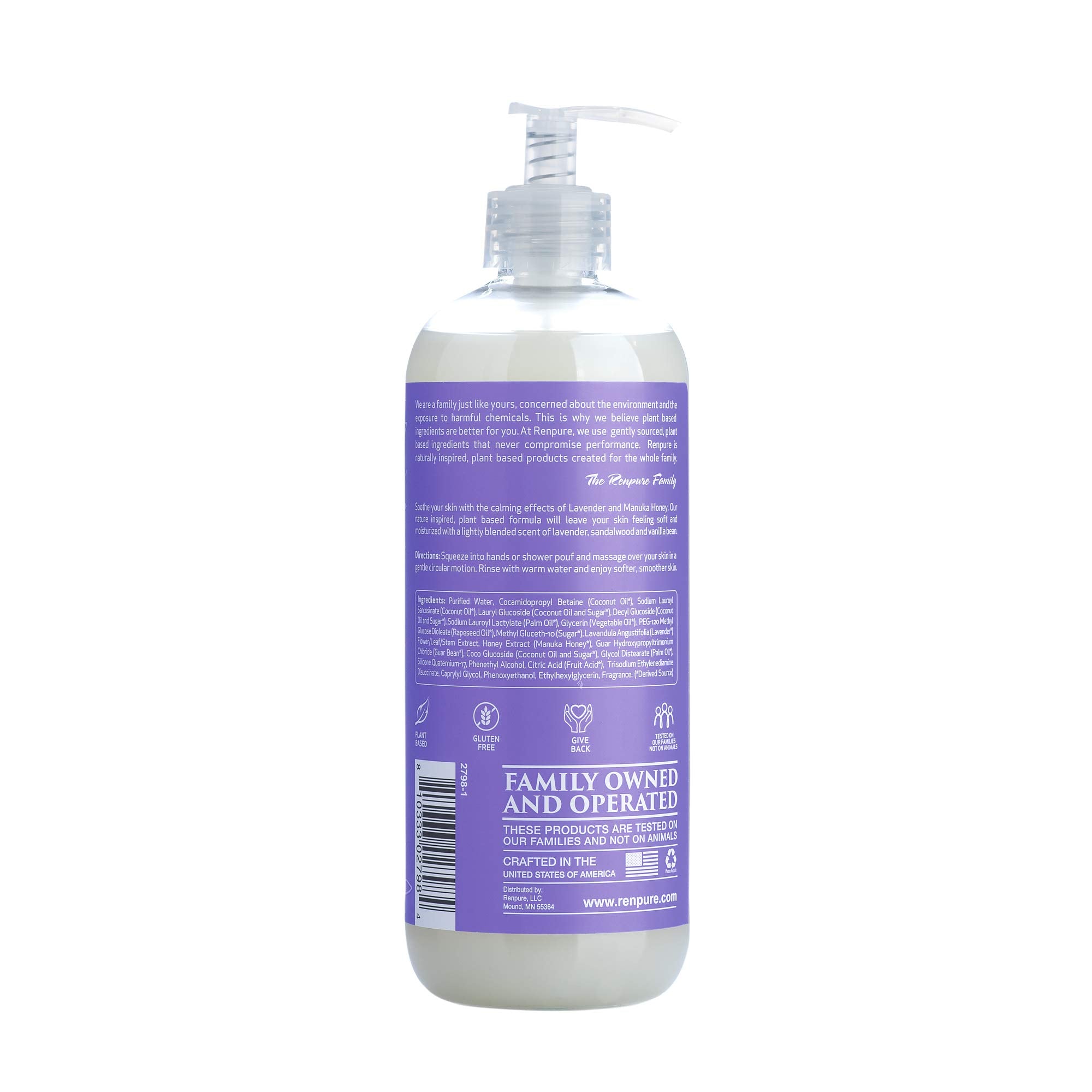 RENPURE Lavender Body Wash with Manuka Honey & Coconut Oil – Sulfate-Free, 19 oz