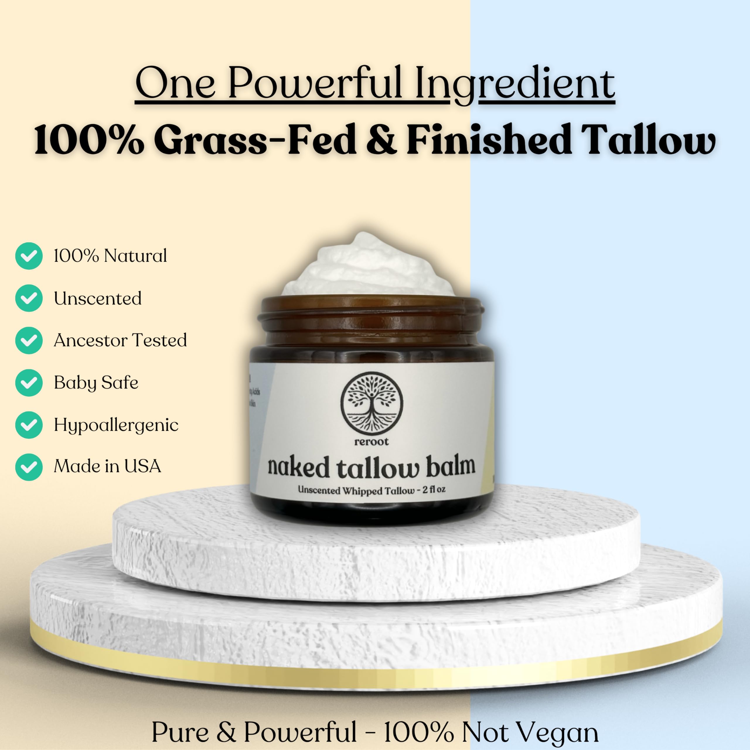 Reroot Organics Naked Tallow Balm – 1 Ingredient, Grass-Fed Beef Tallow, 2oz