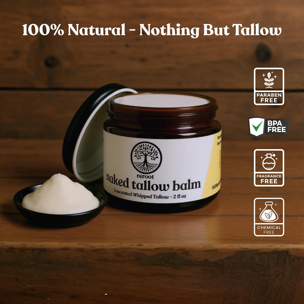 Reroot Organics Naked Tallow Balm – 1 Ingredient, Grass-Fed Beef Tallow, 2oz